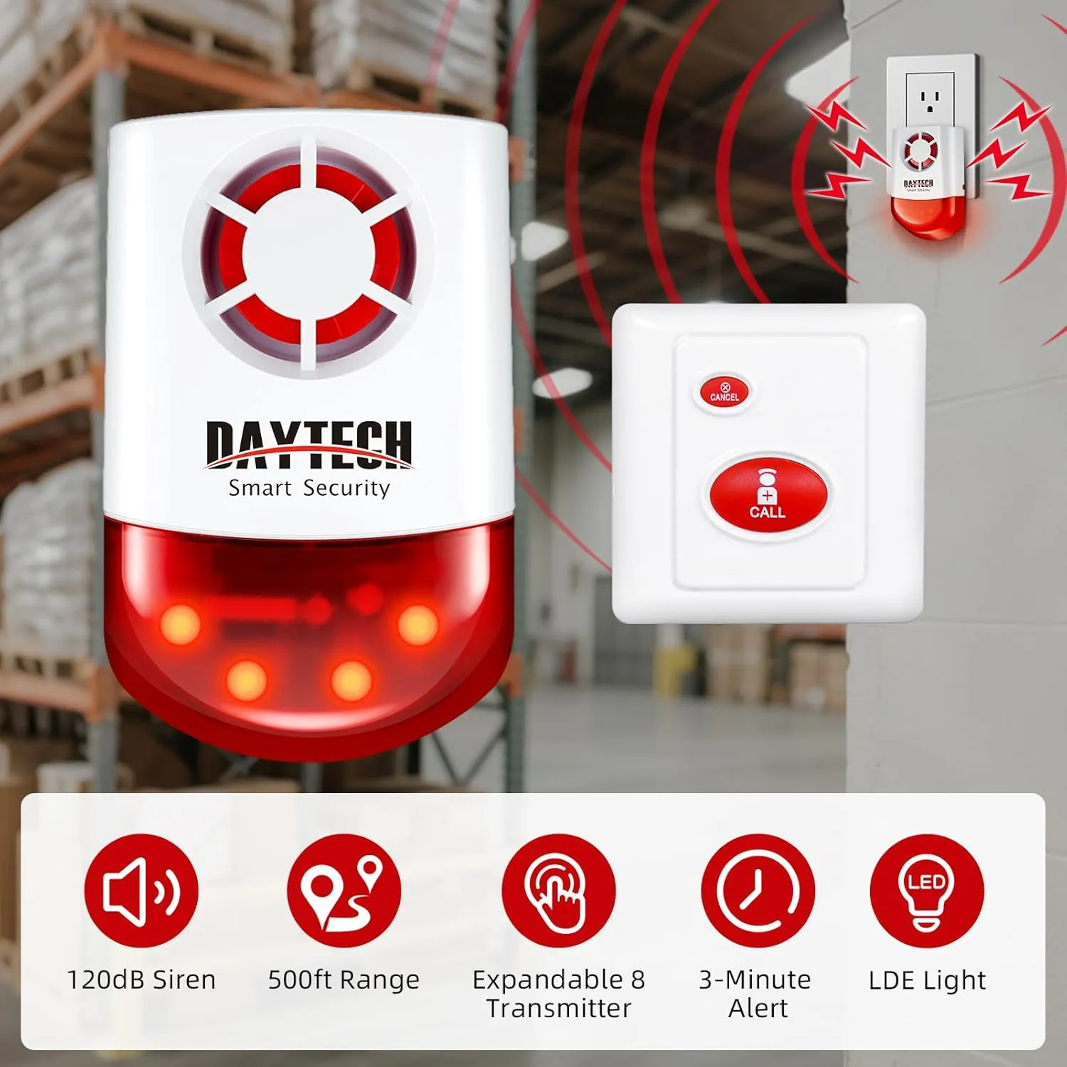 Daytech Remote Emergency Strobe Siren Alarm Kit Waterproof Outdoor Loud Panic Sos Warning System for Business Home Shop Hotel School 800ft 1 Red Flashing Siren  4 Call Buttons
