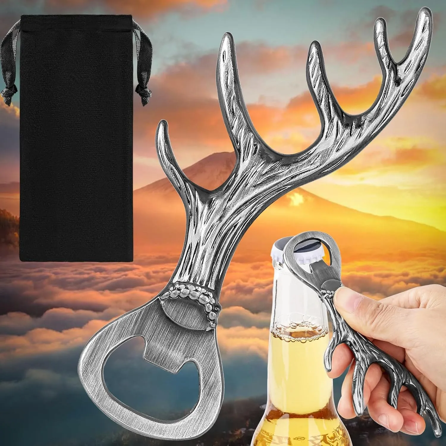 Deer Antlers Beer Bottle Opener, Deer Gifts for Hunters, Christmas Gifts Father's Day Gifts, Unique Stag Gifts for Men Women, Silver Beer Opener with Bag