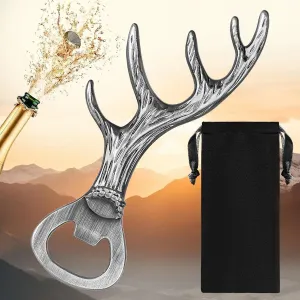 Deer Antlers Beer Bottle Opener, Deer Gifts for Hunters, Christmas Gifts Father's Day Gifts, Unique Stag Gifts for Men Women, Silver Beer Opener with Bag