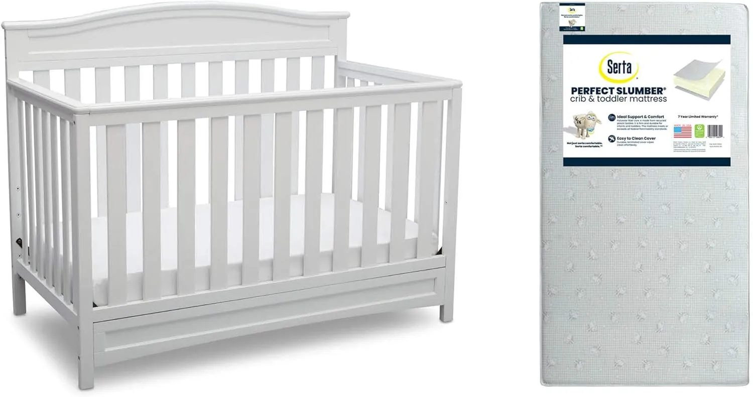 Delta Children Emery 4-in-1 Crib, White   Serta Perfect Slumber Dual Sided Recycled Fiber Core Crib and Toddler Mattress (Bundle)