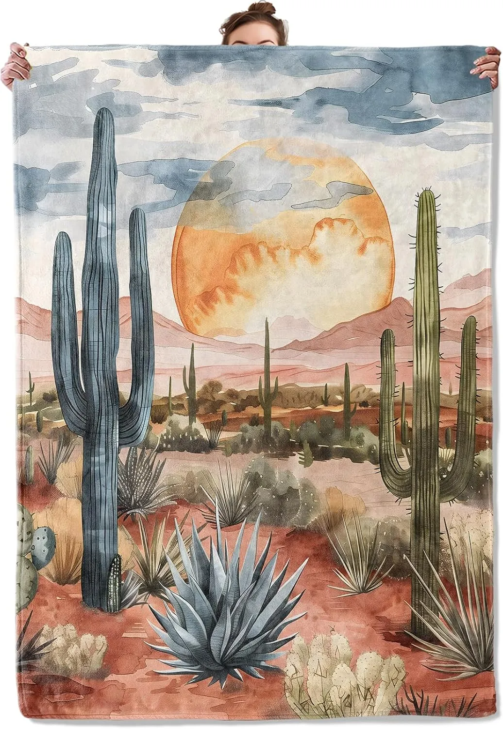 Desert Sunset Throw Blanket for Couch Picnic Camping Outdoor Decor, Wilderness Cactus Botanical Scene Design, Super Soft Cozy Plush Fluffy Fleece Blankets Gifts for Kids Adults, 60x50 Inch