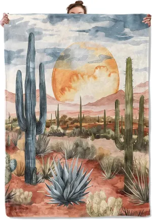 Desert Sunset Throw Blanket for Couch Picnic Camping Outdoor Decor, Wilderness Cactus Botanical Scene Design, Super Soft Cozy Plush Fluffy Fleece Blankets Gifts for Kids Adults, 60x50 Inch