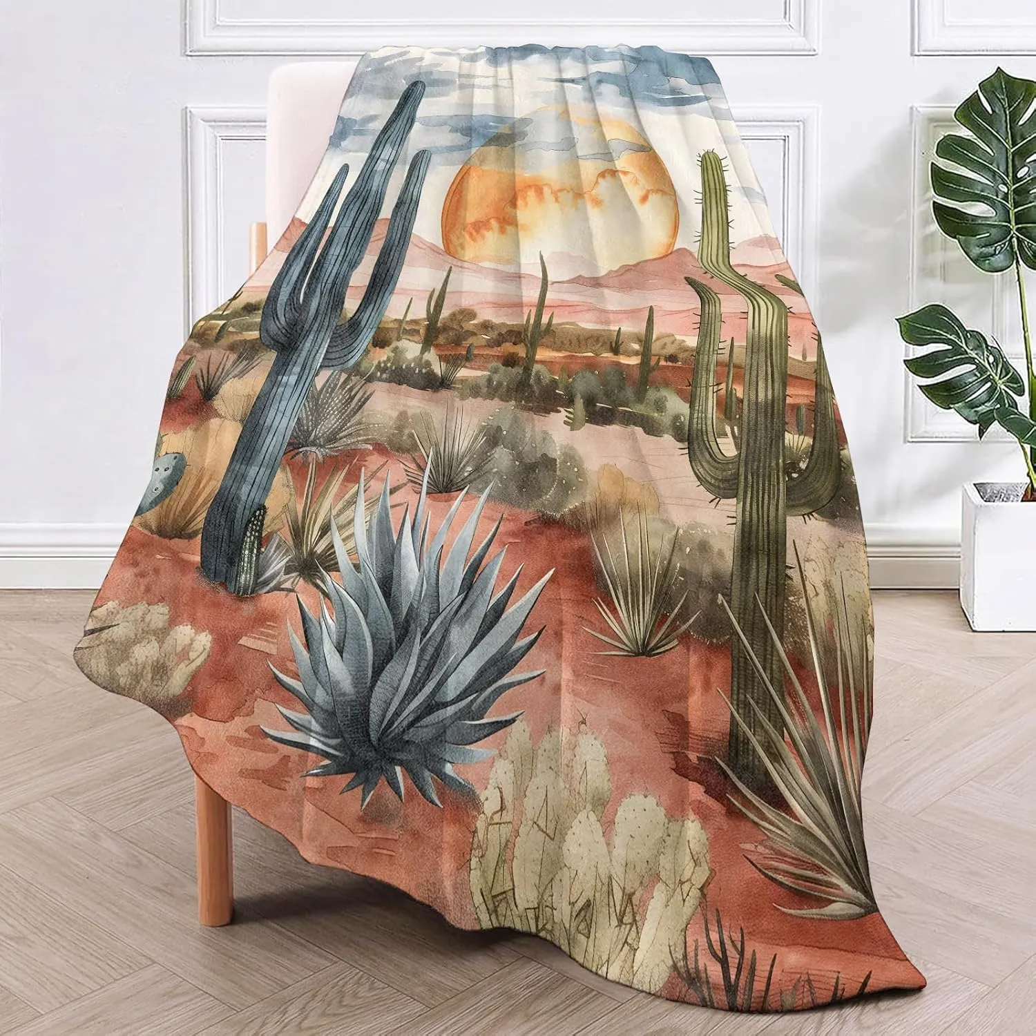 Desert Sunset Throw Blanket for Couch Picnic Camping Outdoor Decor, Wilderness Cactus Botanical Scene Design, Super Soft Cozy Plush Fluffy Fleece Blankets Gifts for Kids Adults, 60x50 Inch
