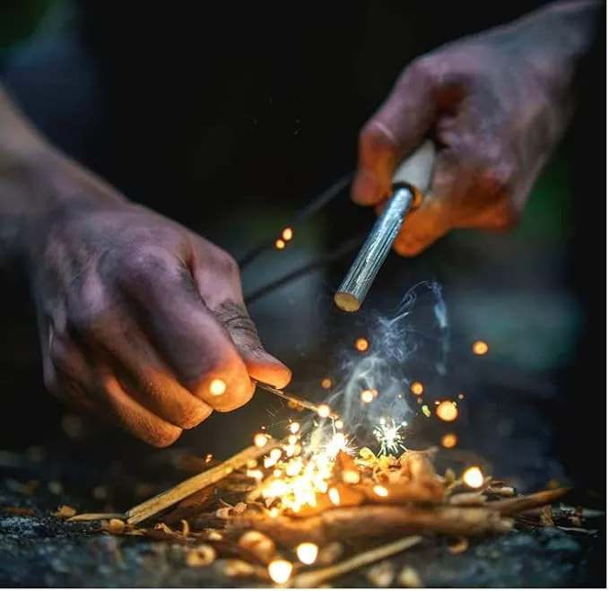 Dextreme Ferro Rod Flint Fire Starter Kit with Handcrafted Wood Handle, Coton Tinder, Transport Bag Multi-Tool Striker Paracord Lanyard for Camping Gear 12,000  Strikes 5/16'' Thick Bushcraft Survival