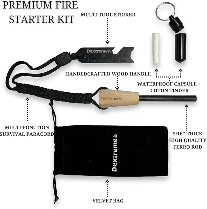 Dextreme Ferro Rod Flint Fire Starter Kit with Handcrafted Wood Handle, Coton Tinder, Transport Bag Multi-Tool Striker Paracord Lanyard for Camping Gear 12,000  Strikes 5/16'' Thick Bushcraft Survival