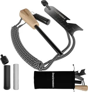 Dextreme Ferro Rod Flint Fire Starter Kit with Handcrafted Wood Handle, Coton Tinder, Transport Bag Multi-Tool Striker Paracord Lanyard for Camping Gear 12,000  Strikes 5/16'' Thick Bushcraft Survival