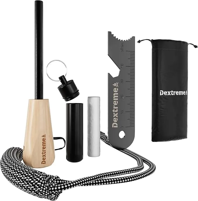 Dextreme Ferro Rod Flint Fire Starter Kit with Handcrafted Wood Handle, Coton Tinder, Transport Bag Multi-Tool Striker Paracord Lanyard for Camping Gear 12,000  Strikes 5/16'' Thick Bushcraft Survival