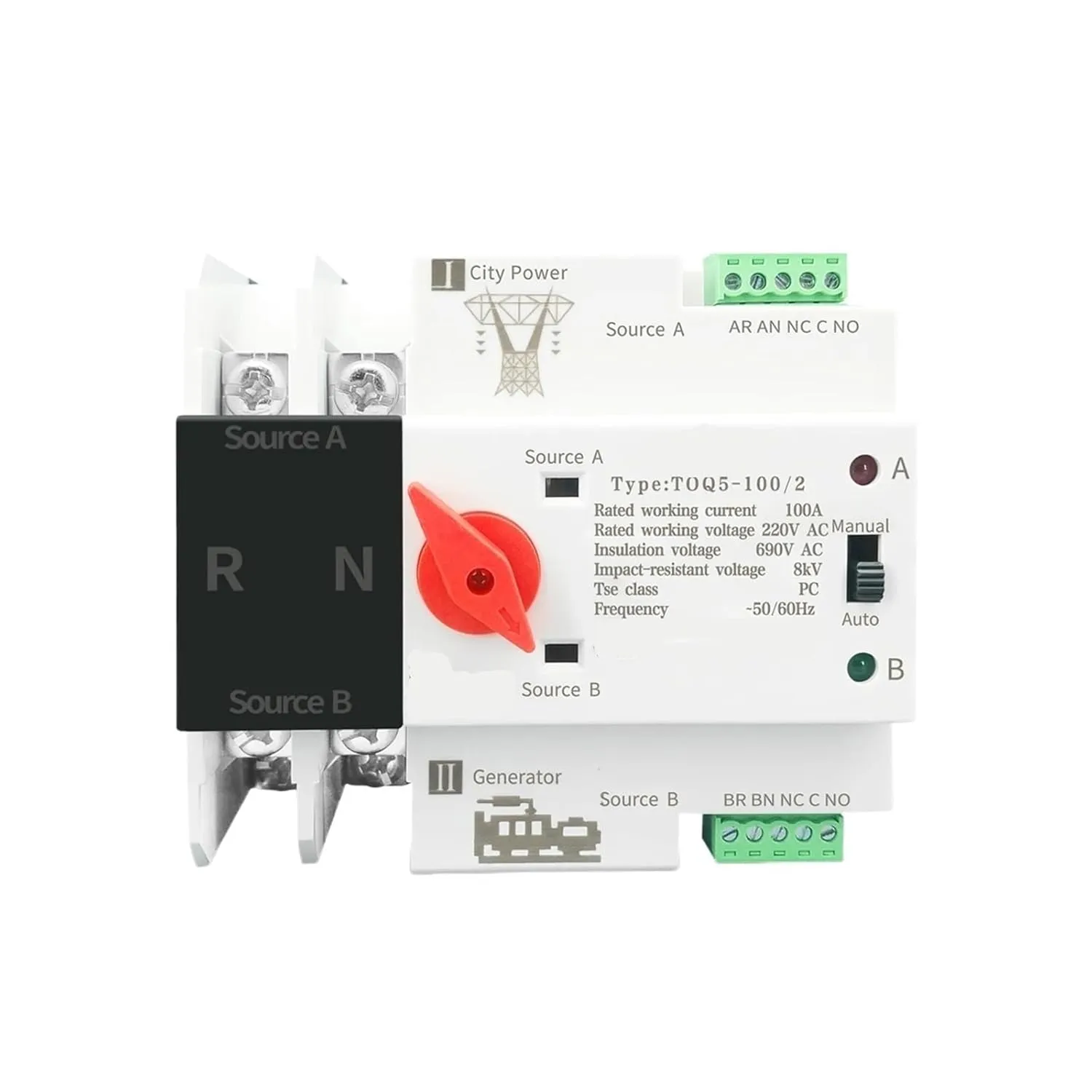 Din Rail 2P 3P 4P ATS Dual Power Automatic Transfer Switch Electrical Selector Switches Uninterrupted Power 63A 100A Mini(2P,230V 63A)