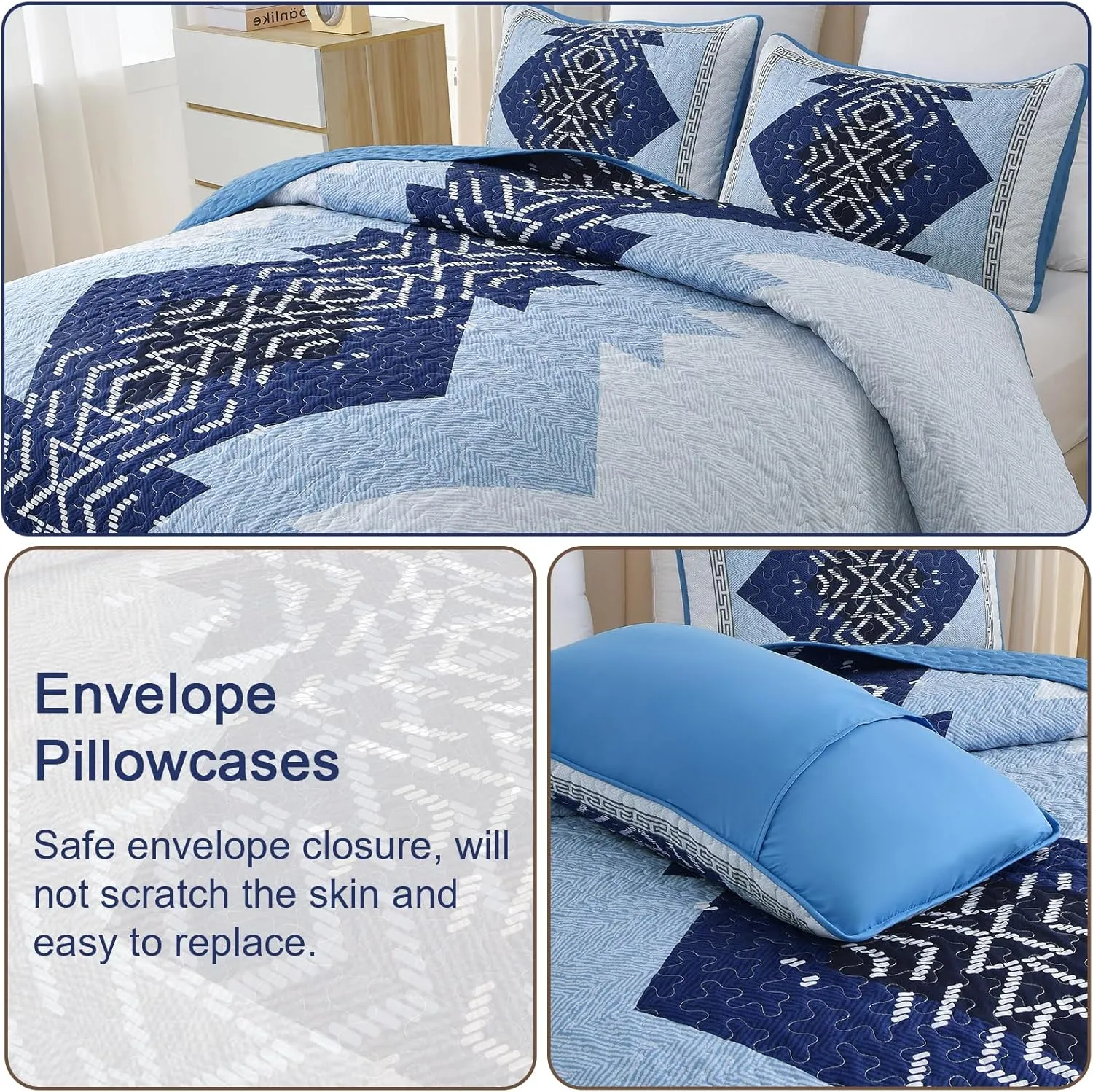 Dintszyayue Boho Quilt Set King Size,Blue Bedspread 3 Pieces Geometric Aztec Pattern Bedding Coverlet Set Bohemian Quilt Bedding Set Soft Microfiber Quilt Bed Spread for All Season(Blue,90"x103")