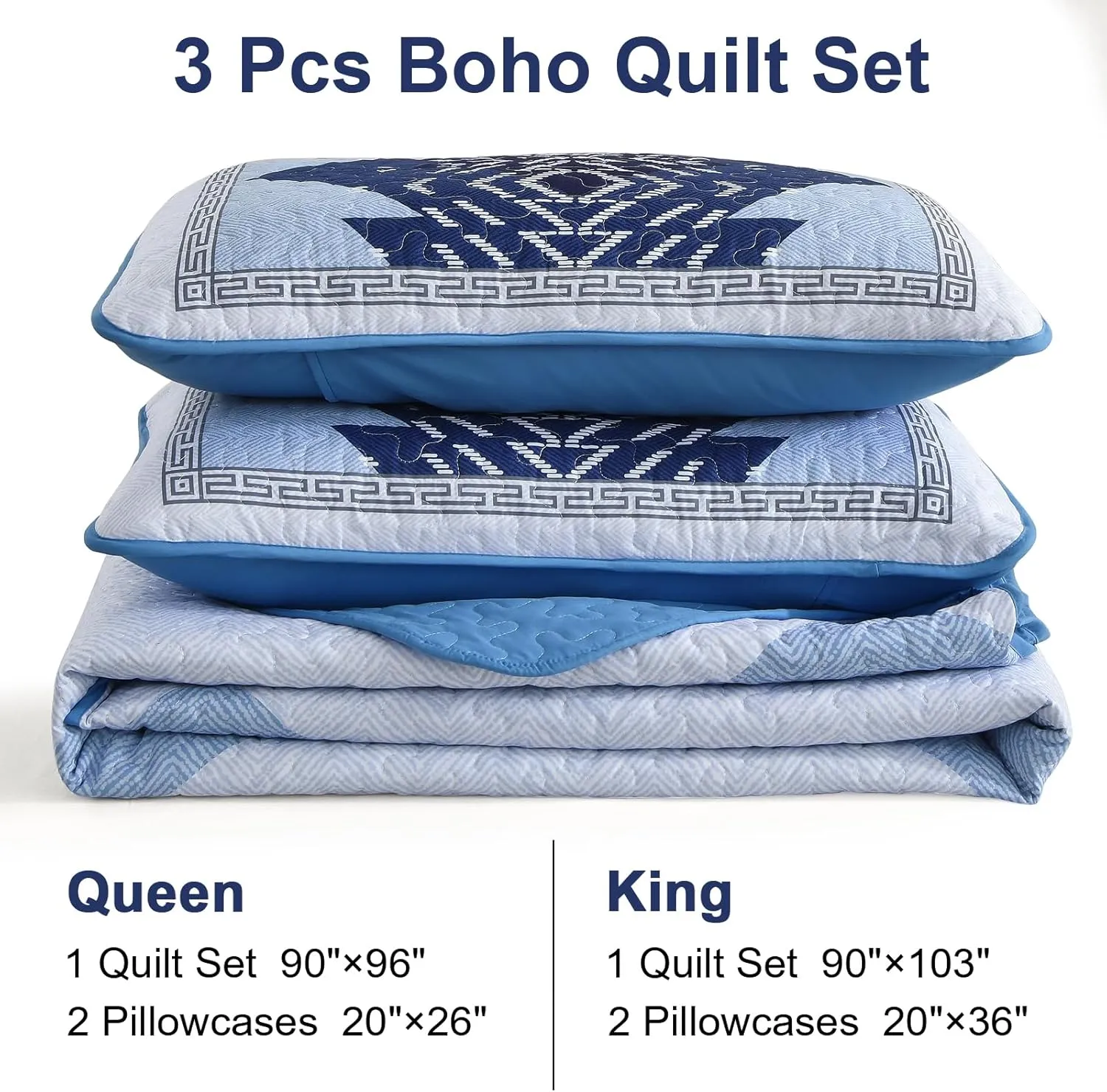 Dintszyayue Boho Quilt Set King Size,Blue Bedspread 3 Pieces Geometric Aztec Pattern Bedding Coverlet Set Bohemian Quilt Bedding Set Soft Microfiber Quilt Bed Spread for All Season(Blue,90"x103")