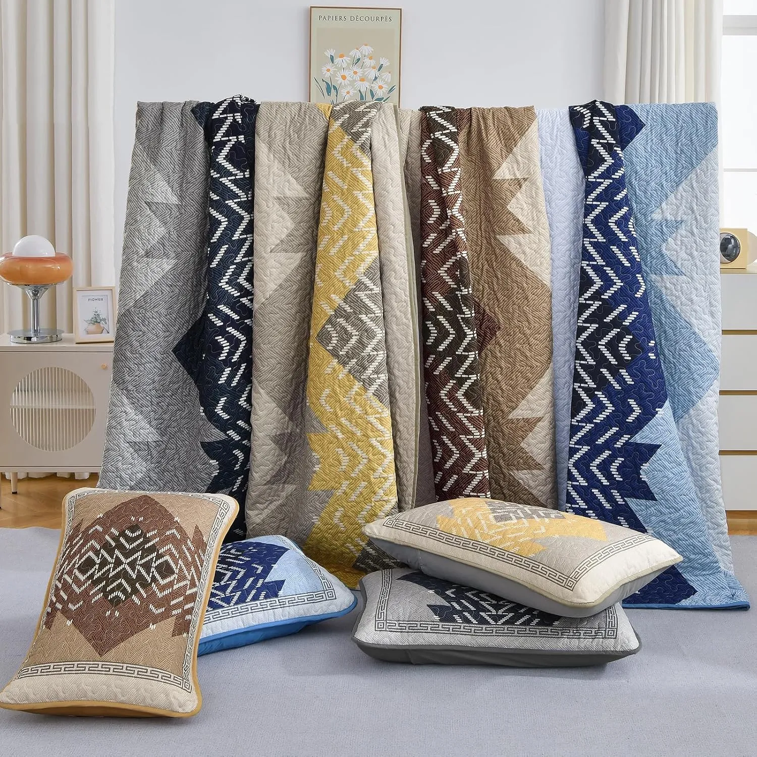 Dintszyayue Boho Quilt Set King Size,Blue Bedspread 3 Pieces Geometric Aztec Pattern Bedding Coverlet Set Bohemian Quilt Bedding Set Soft Microfiber Quilt Bed Spread for All Season(Blue,90"x103")