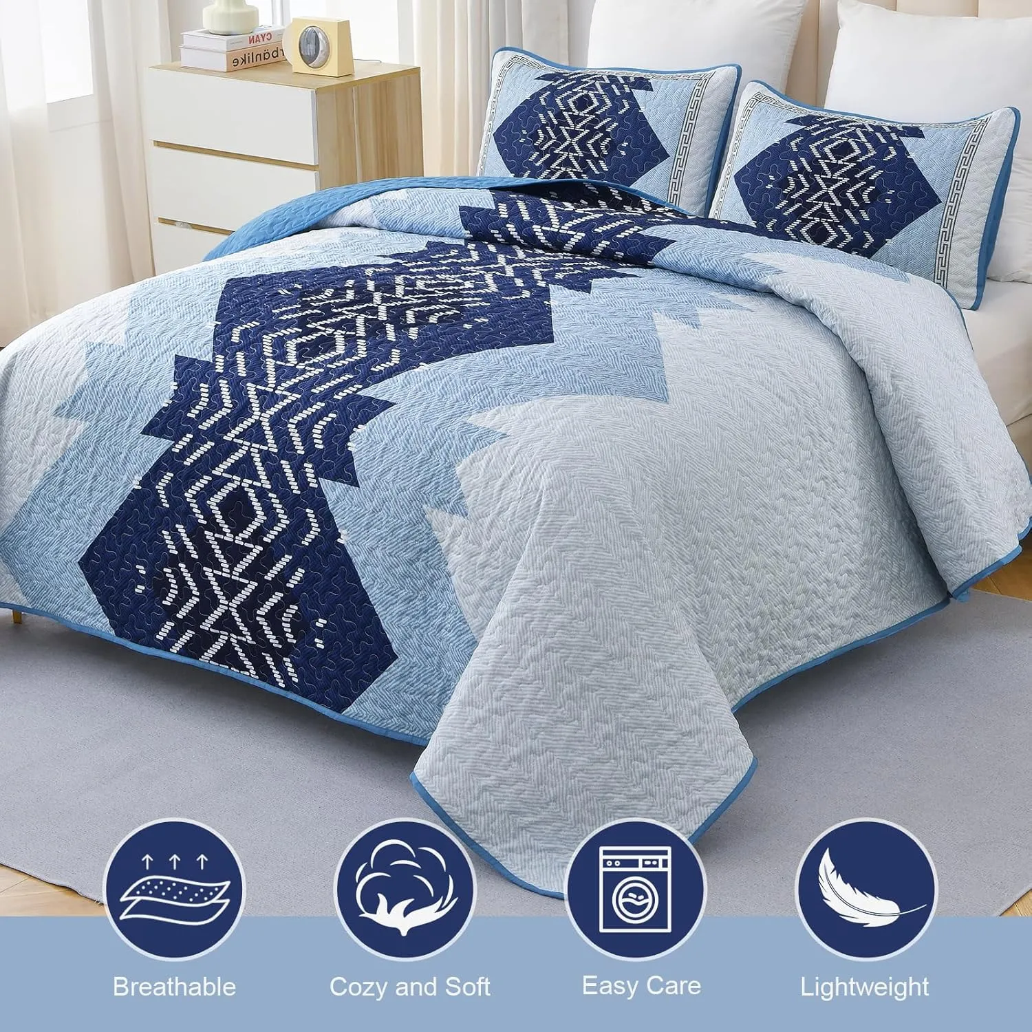 Dintszyayue Boho Quilt Set King Size,Blue Bedspread 3 Pieces Geometric Aztec Pattern Bedding Coverlet Set Bohemian Quilt Bedding Set Soft Microfiber Quilt Bed Spread for All Season(Blue,90"x103")