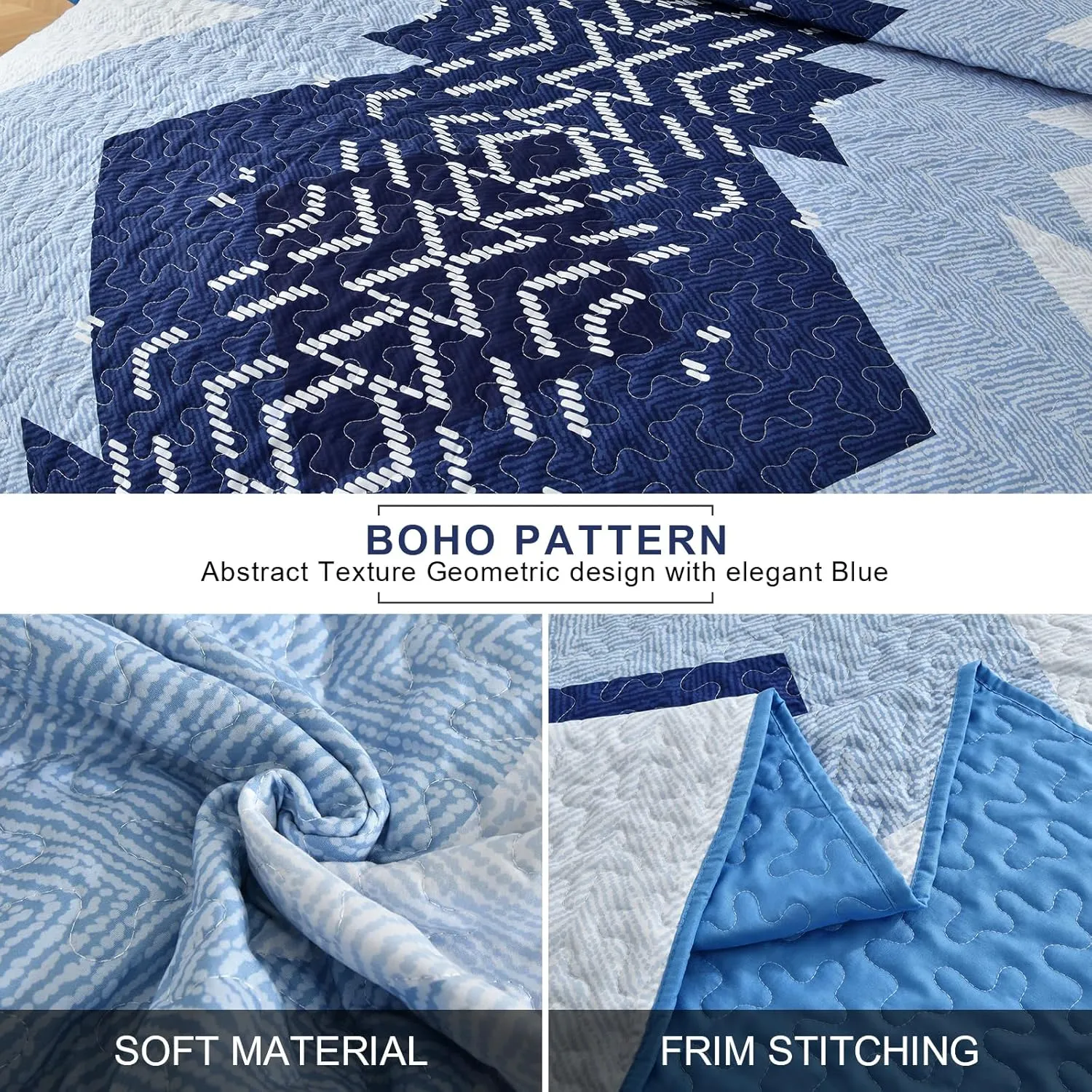 Dintszyayue Boho Quilt Set King Size,Blue Bedspread 3 Pieces Geometric Aztec Pattern Bedding Coverlet Set Bohemian Quilt Bedding Set Soft Microfiber Quilt Bed Spread for All Season(Blue,90"x103")
