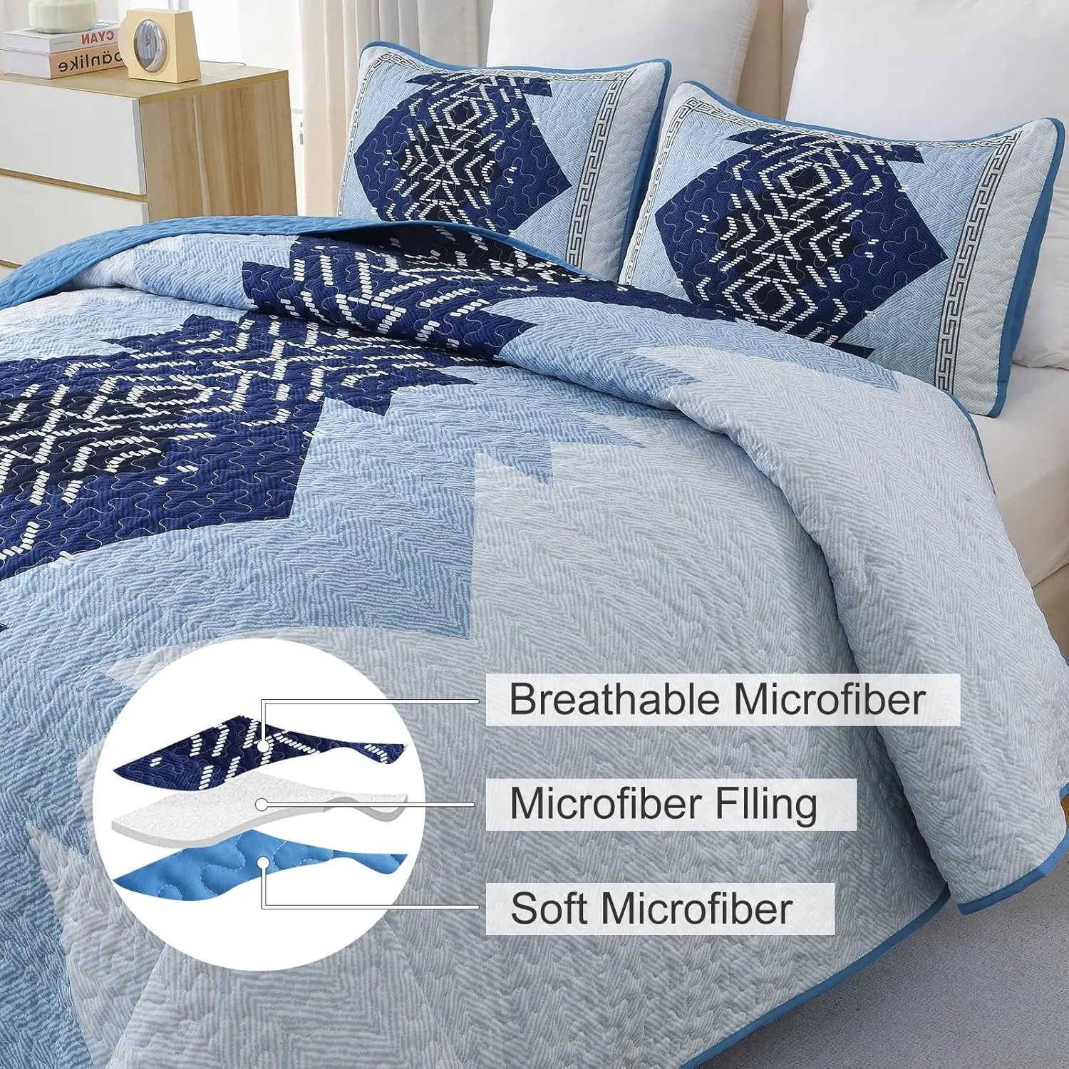 Dintszyayue Boho Quilt Set King Size,Blue Bedspread 3 Pieces Geometric Aztec Pattern Bedding Coverlet Set Bohemian Quilt Bedding Set Soft Microfiber Quilt Bed Spread for All Season(Blue,90"x103")