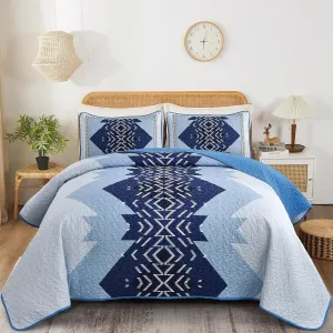 Dintszyayue Boho Quilt Set King Size,Blue Bedspread 3 Pieces Geometric Aztec Pattern Bedding Coverlet Set Bohemian Quilt Bedding Set Soft Microfiber Quilt Bed Spread for All Season(Blue,90"x103")