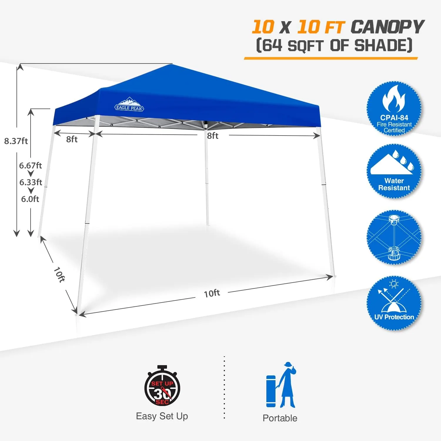 EAGLE PEAK 10x10 Slant Leg Pop-up Canopy Tent Easy One Person Setup Instant Outdoor Beach Canopy Folding Portable Sports Shelter 10x10 Base 8x8 Top (Blue)
