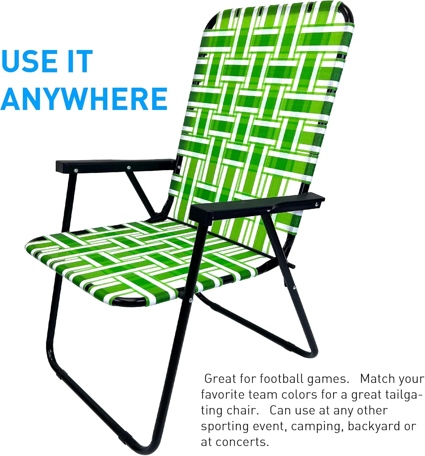 EasyGo Product Lawn Chair Folding Steel Webbing Chaise Patio Lounger Seat Wood Handles for Camping, Beach, Fishing, Backyard, Stadium, Pool, Boating, and Sports, 2 Pack, Dark/Light Green