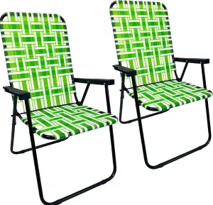 EasyGo Product Lawn Chair Folding Steel Webbing Chaise Patio Lounger Seat Wood Handles for Camping, Beach, Fishing, Backyard, Stadium, Pool, Boating, and Sports, 2 Pack, Dark/Light Green
