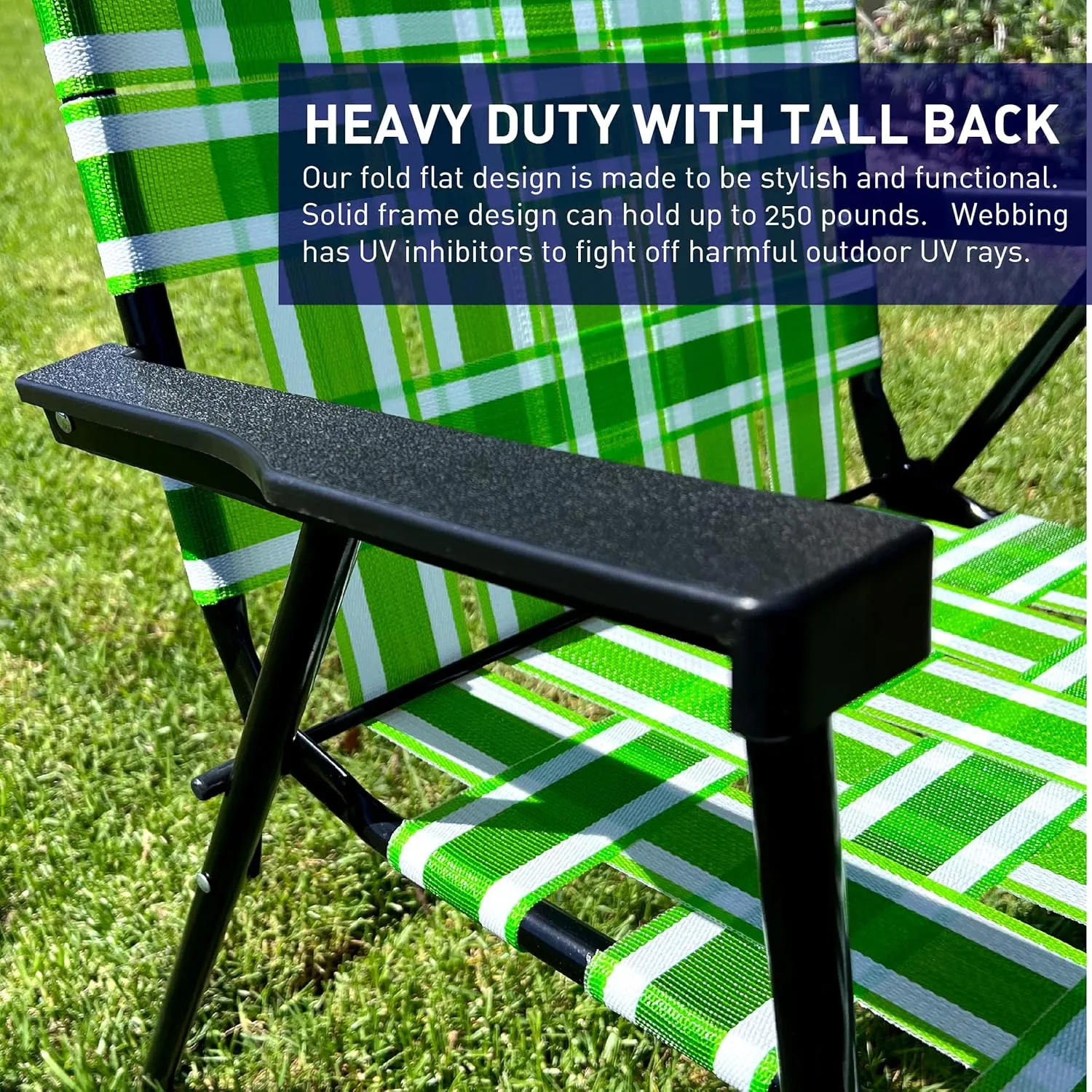 EasyGo Product Lawn Chair Folding Steel Webbing Chaise Patio Lounger Seat Wood Handles for Camping, Beach, Fishing, Backyard, Stadium, Pool, Boating, and Sports, 2 Pack, Dark/Light Green