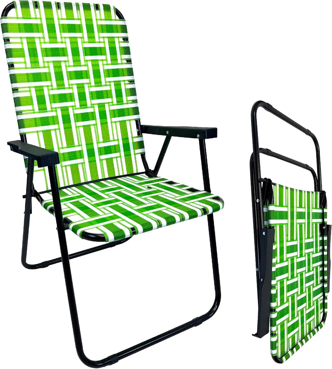 EasyGo Product Lawn Chair Folding Steel Webbing Chaise Patio Lounger Seat Wood Handles for Camping, Beach, Fishing, Backyard, Stadium, Pool, Boating, and Sports, 2 Pack, Dark/Light Green