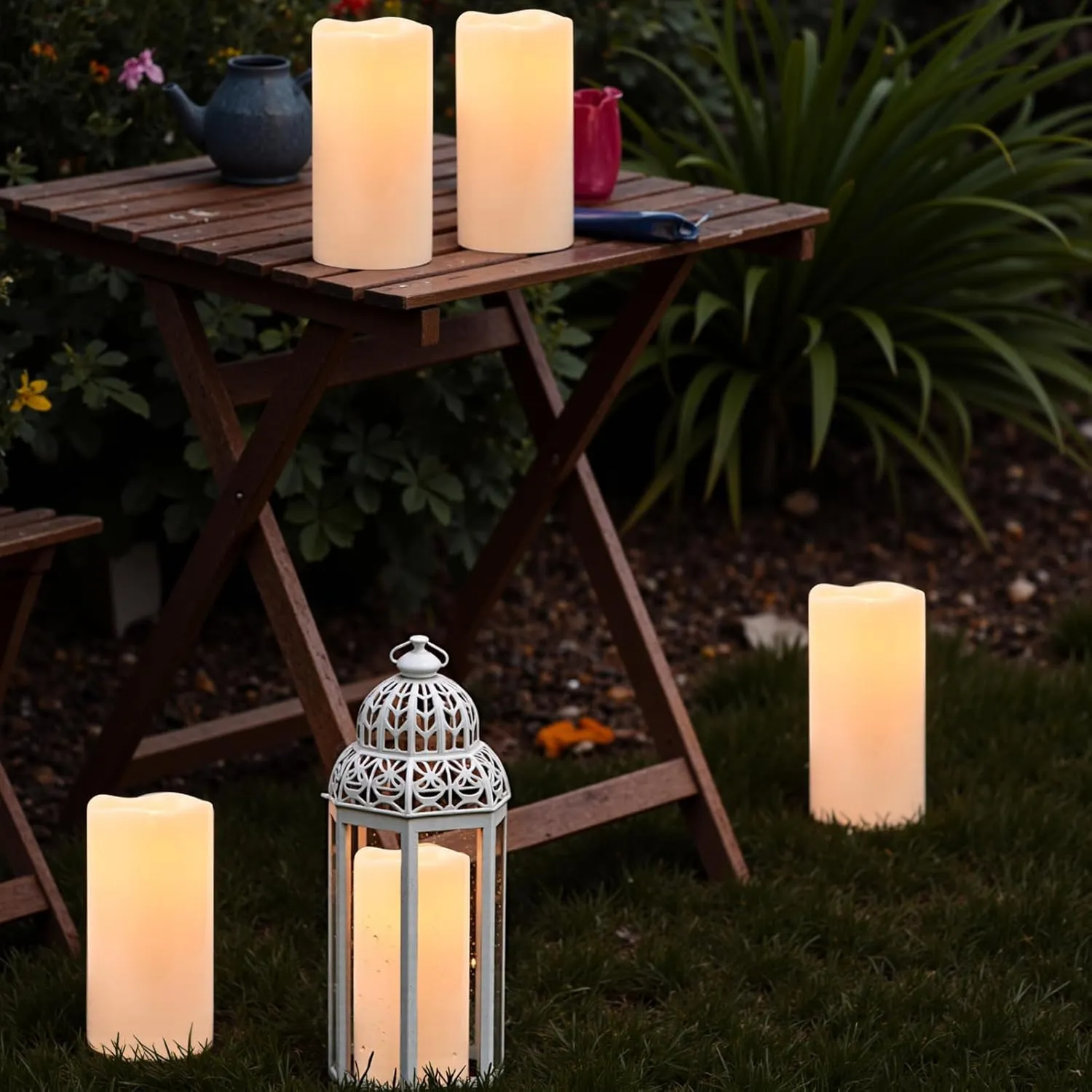 Eldnacele Waterproof Outdoor Flameless Candles with Remote and Timer, Battery Operated White Plastic LED Flickering Large Pillar Candles Dinner Wedding Porch Garden Lanterns Home Decor(2Pcs,4"D×8"H)