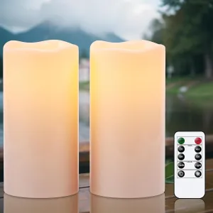 Eldnacele Waterproof Outdoor Flameless Candles with Remote and Timer, Battery Operated White Plastic LED Flickering Large Pillar Candles Dinner Wedding Porch Garden Lanterns Home Decor(2Pcs,4"D×8"H)