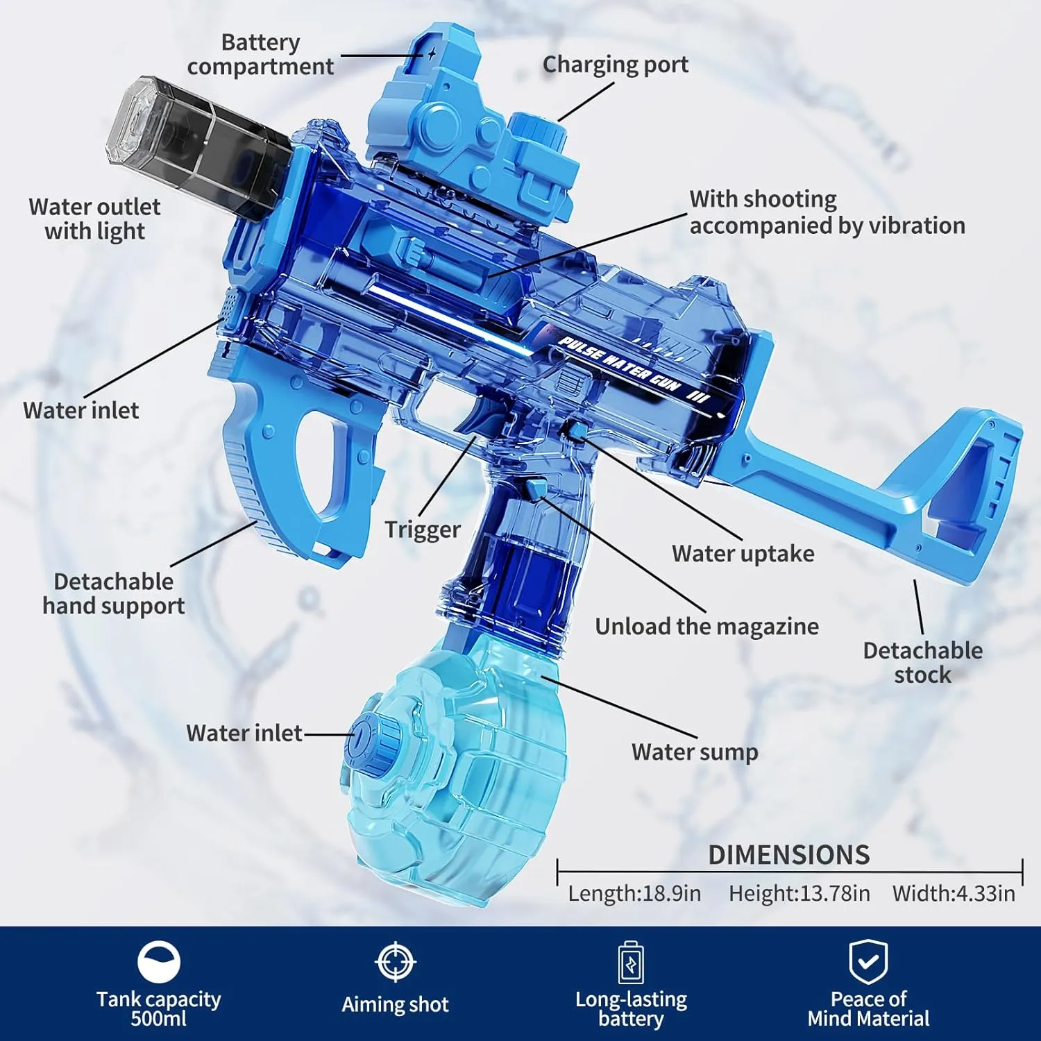 Electric Blaster Water Gun for Adults & Kids, Automatic Squirt Gun with 32-44 FT Long Range, Big Water Guns with LED Light, Summer Outdoor Beach Swimming Party Pool Toy (Blue)