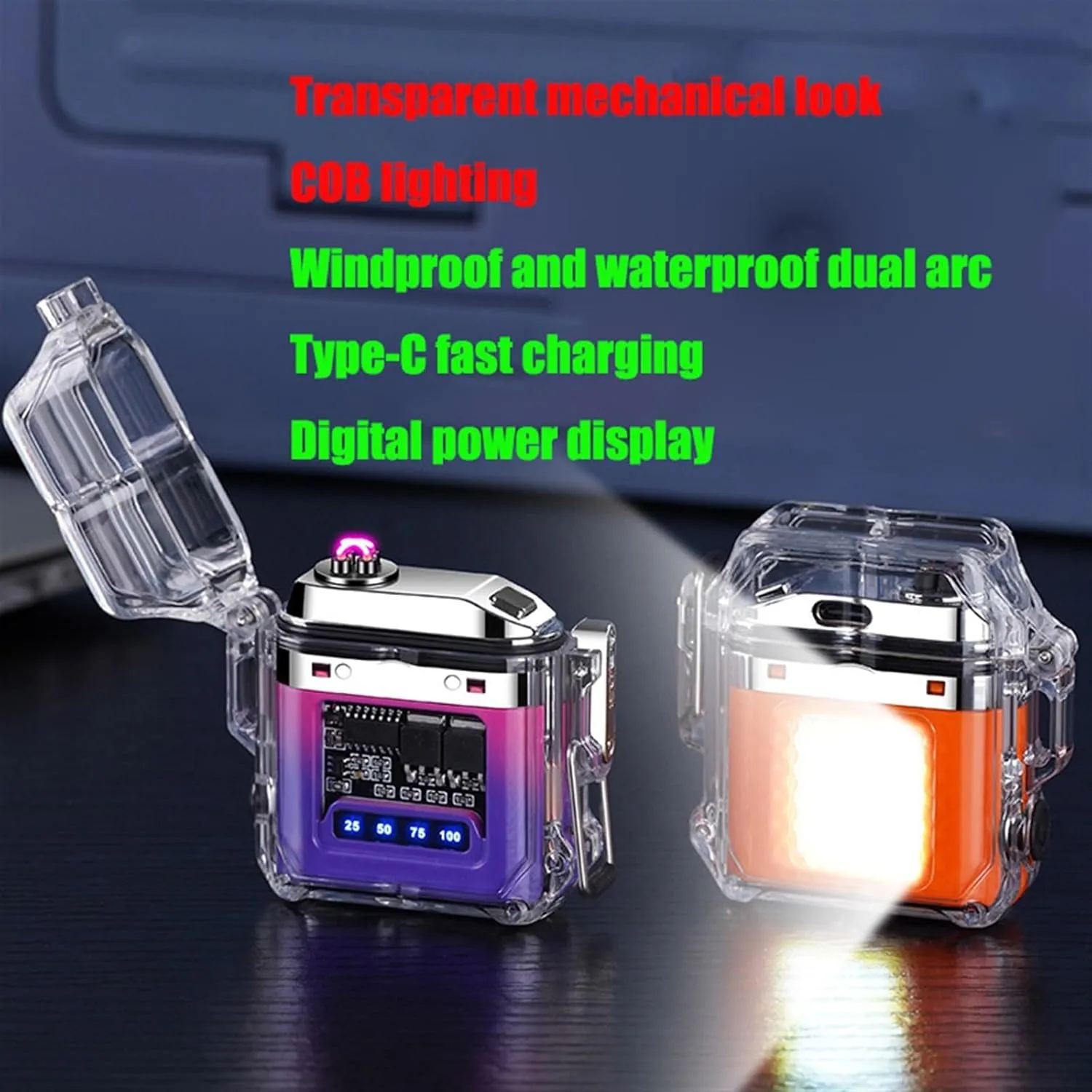 Electric lighter, rechargeable lighter, portable waterproof transparent cool lighter, 3 flashlight modes, windproof and waterproof lighter, USB charging, suitable for camping, hiking and outdoor activ