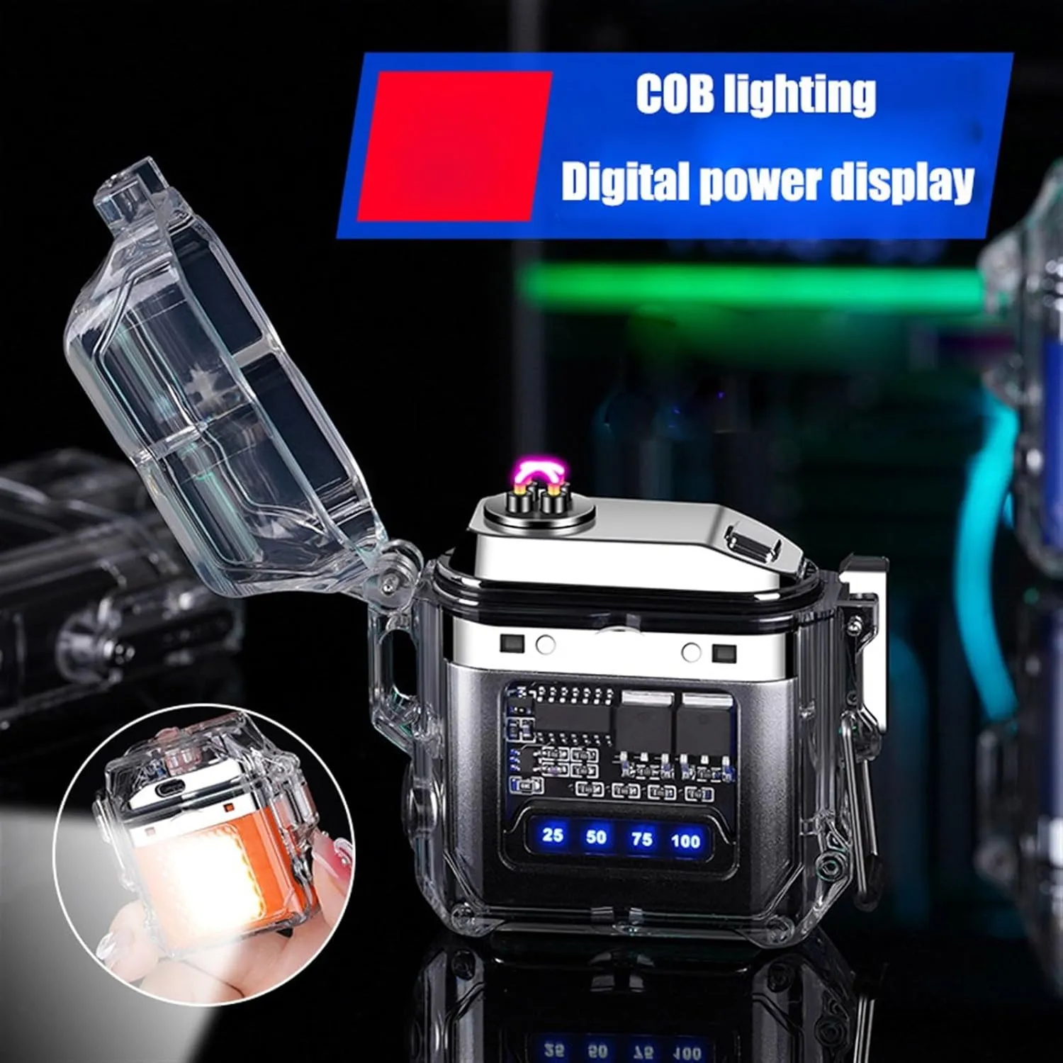 Electric lighter, rechargeable lighter, portable waterproof transparent cool lighter, 3 flashlight modes, windproof and waterproof lighter, USB charging, suitable for camping, hiking and outdoor activ