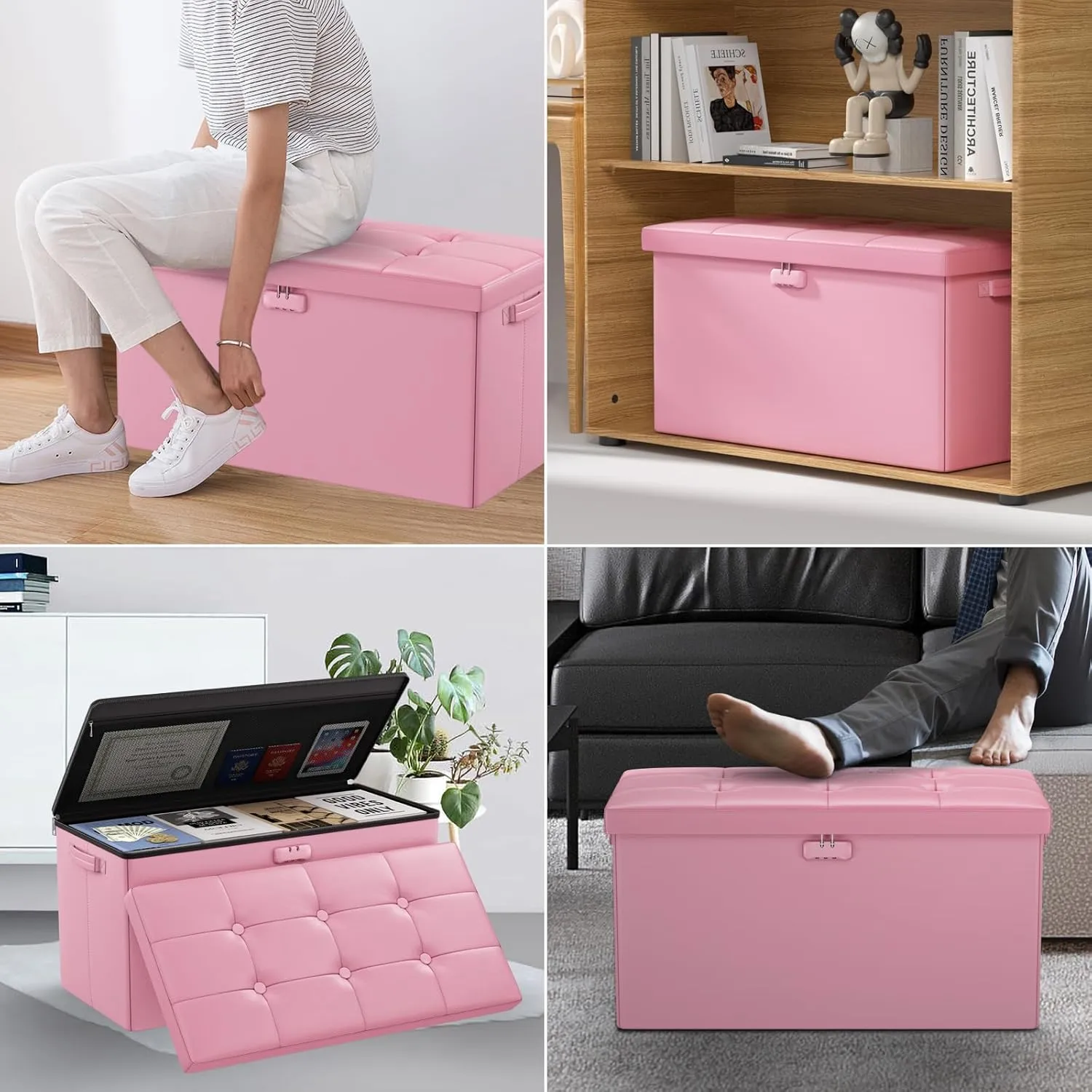 ENGPOW Storage Ottoman Bench,Fireproof Folding Bench with Lock,30 Inches Fire＆Water Resistant Storage Chest Foot Rest Stool Leather Bedroom Ottoman Safe for Documents,Valuables, Pink