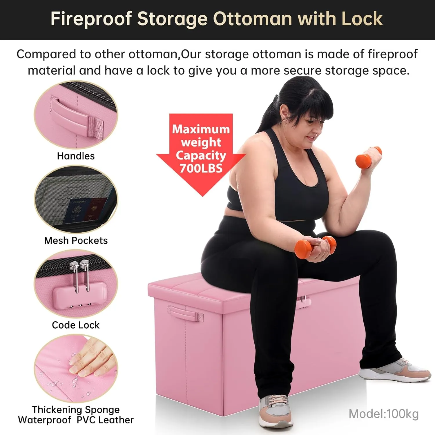 ENGPOW Storage Ottoman Bench,Fireproof Folding Bench with Lock,30 Inches Fire＆Water Resistant Storage Chest Foot Rest Stool Leather Bedroom Ottoman Safe for Documents,Valuables, Pink