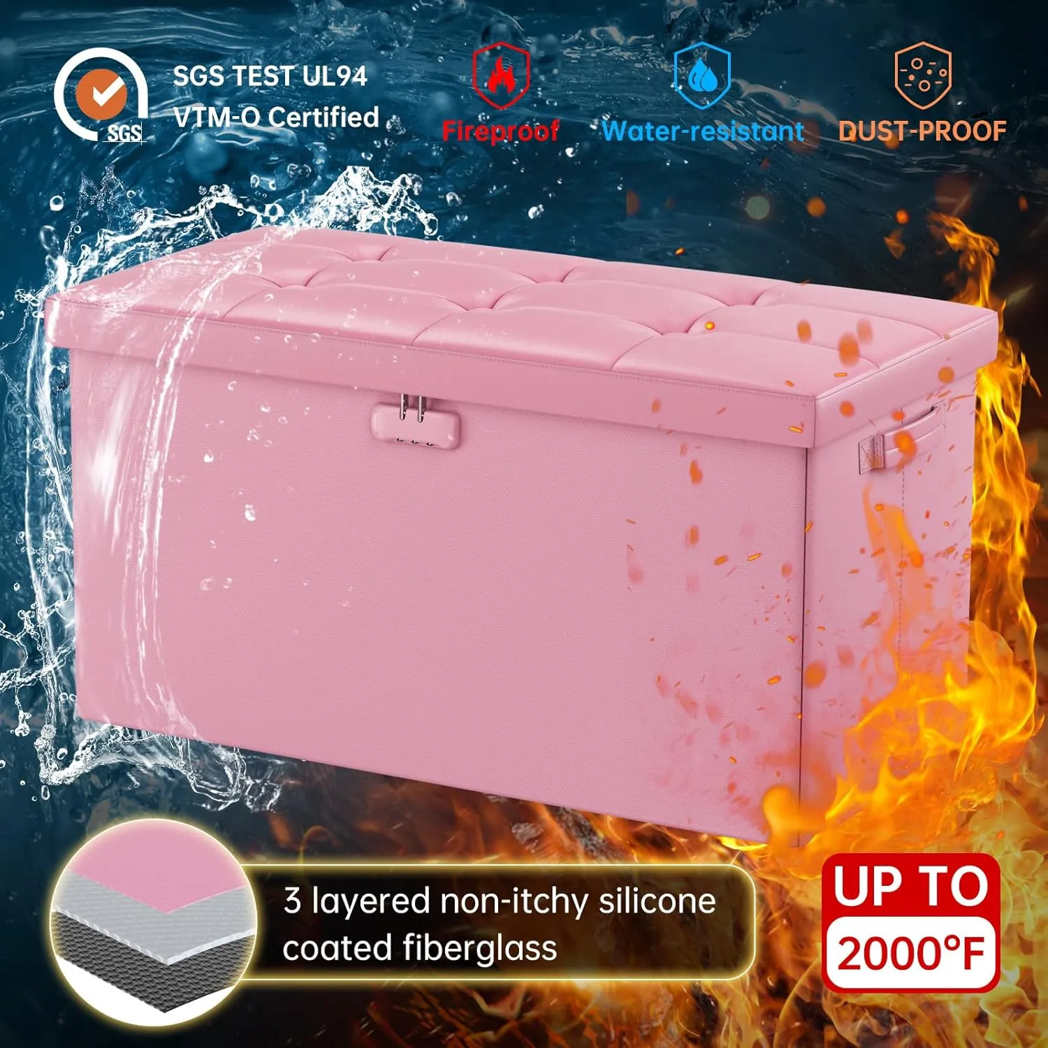ENGPOW Storage Ottoman Bench,Fireproof Folding Bench with Lock,30 Inches Fire＆Water Resistant Storage Chest Foot Rest Stool Leather Bedroom Ottoman Safe for Documents,Valuables, Pink