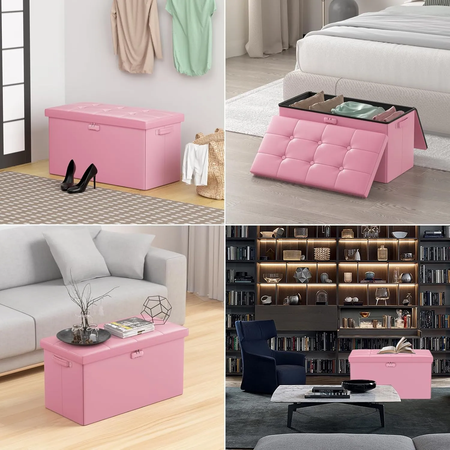 ENGPOW Storage Ottoman Bench,Fireproof Folding Bench with Lock,30 Inches Fire＆Water Resistant Storage Chest Foot Rest Stool Leather Bedroom Ottoman Safe for Documents,Valuables, Pink