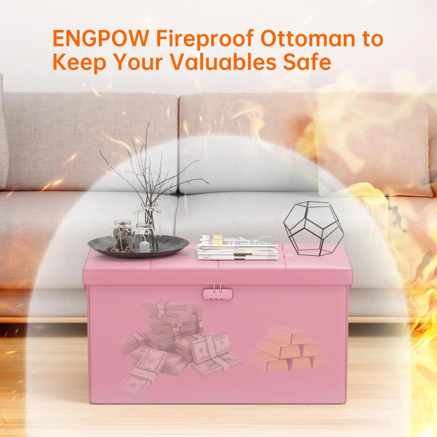 ENGPOW Storage Ottoman Bench,Fireproof Folding Bench with Lock,30 Inches Fire＆Water Resistant Storage Chest Foot Rest Stool Leather Bedroom Ottoman Safe for Documents,Valuables, Pink