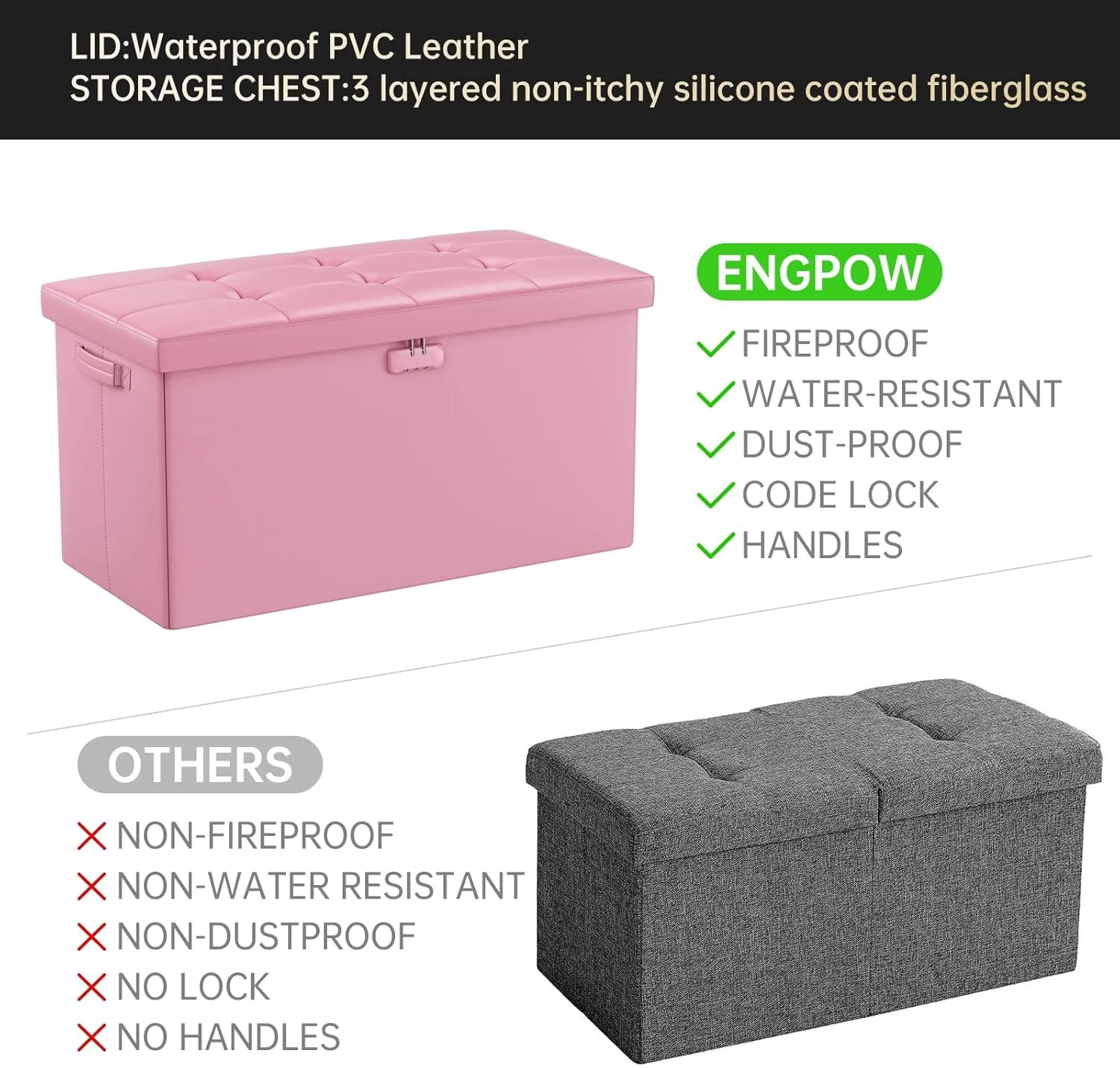 ENGPOW Storage Ottoman Bench,Fireproof Folding Bench with Lock,30 Inches Fire＆Water Resistant Storage Chest Foot Rest Stool Leather Bedroom Ottoman Safe for Documents,Valuables, Pink