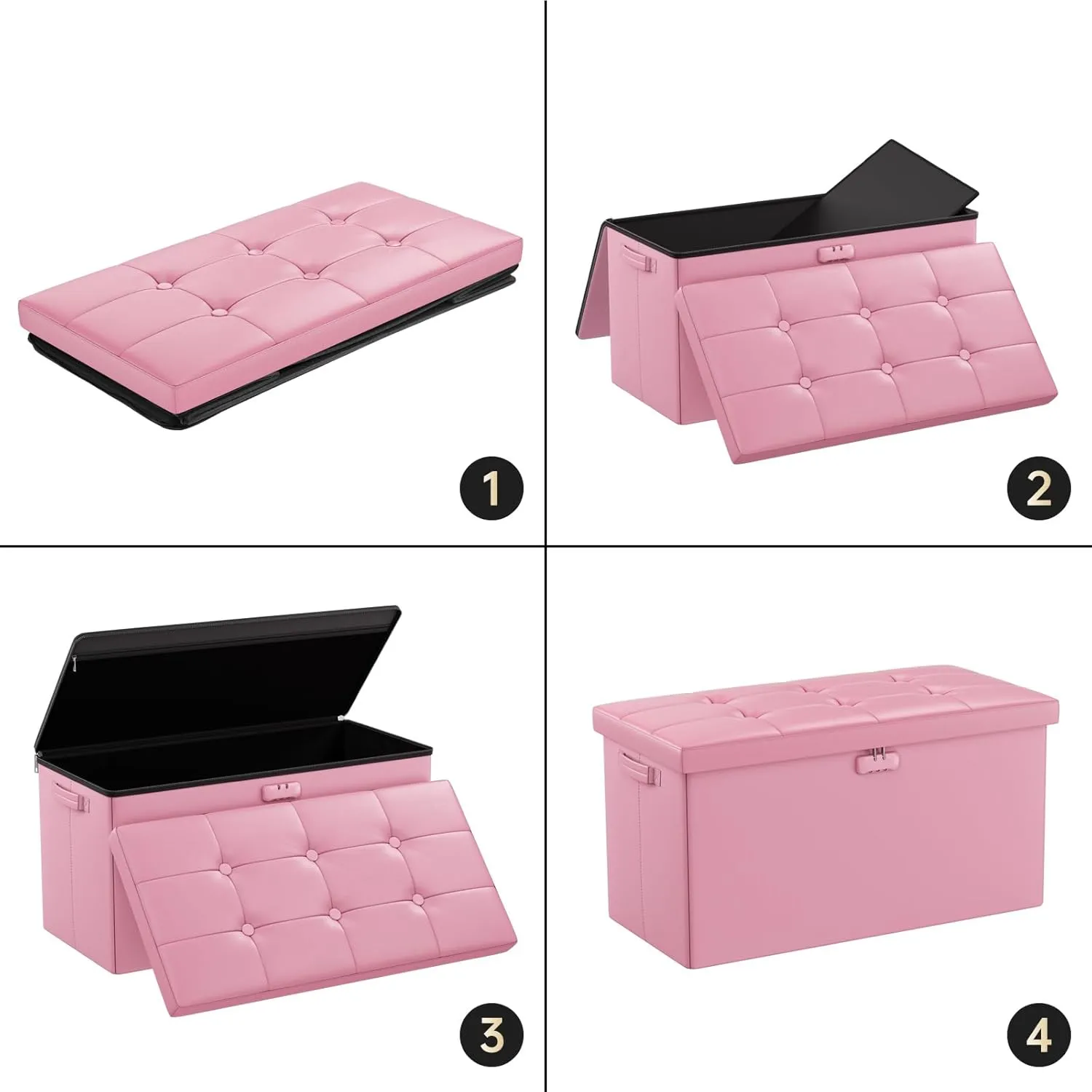 ENGPOW Storage Ottoman Bench,Fireproof Folding Bench with Lock,30 Inches Fire＆Water Resistant Storage Chest Foot Rest Stool Leather Bedroom Ottoman Safe for Documents,Valuables, Pink