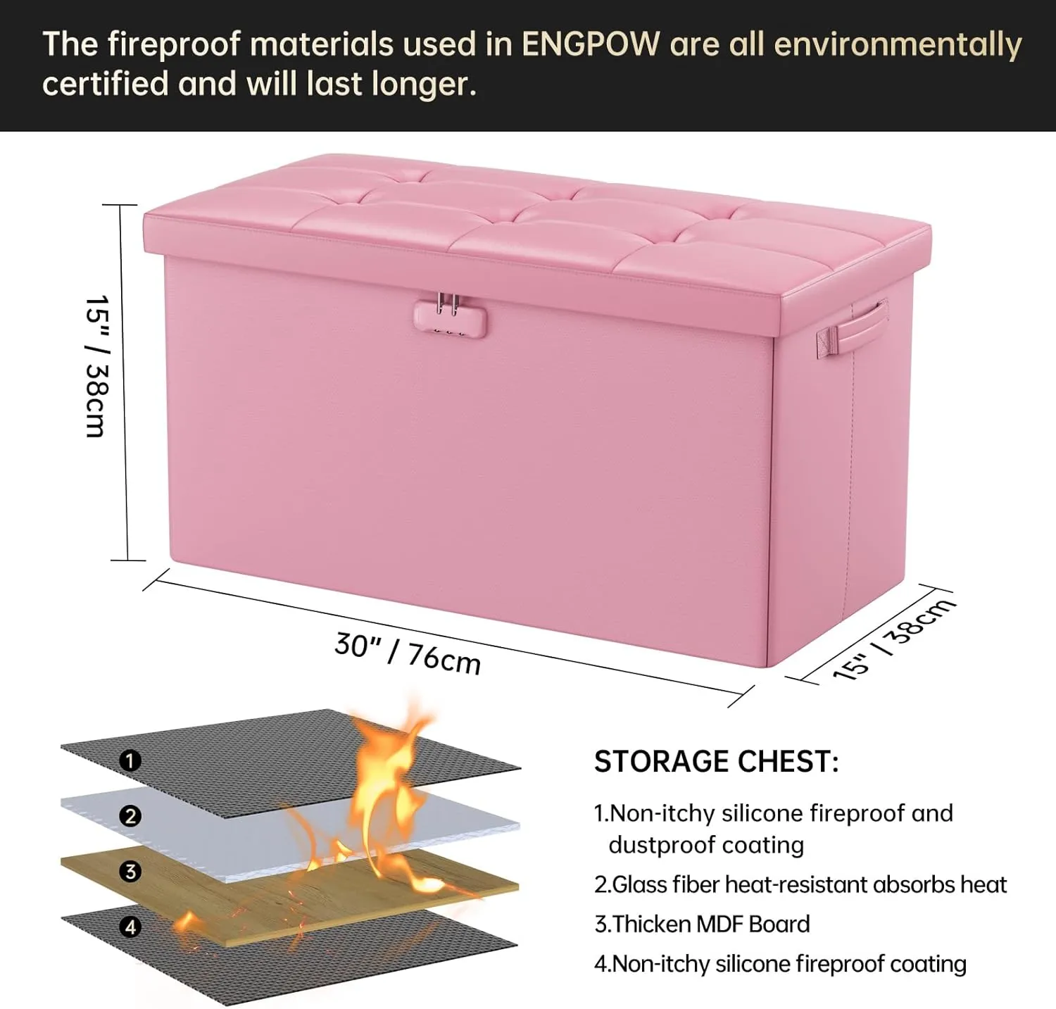 ENGPOW Storage Ottoman Bench,Fireproof Folding Bench with Lock,30 Inches Fire＆Water Resistant Storage Chest Foot Rest Stool Leather Bedroom Ottoman Safe for Documents,Valuables, Pink
