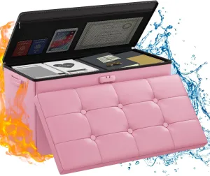 ENGPOW Storage Ottoman Bench,Fireproof Folding Bench with Lock,30 Inches Fire＆Water Resistant Storage Chest Foot Rest Stool Leather Bedroom Ottoman Safe for Documents,Valuables, Pink