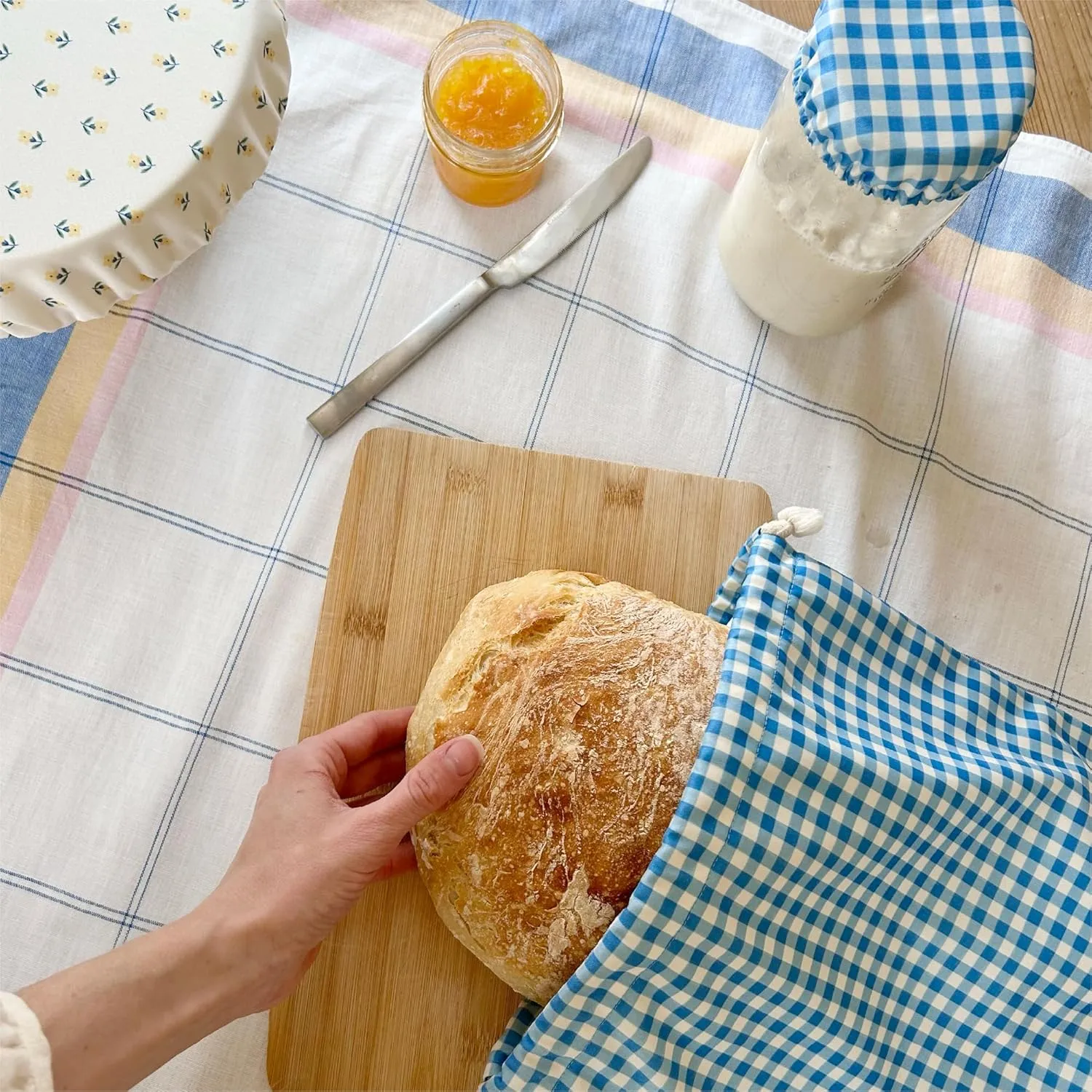 Esembly Sourdough Proofing Kit, Bread Storage Bag, Bread Proof Bowl Cover and Starter Cover - Reusable, Made with 100% TPU Washable Material and Organic Cotton Lined- 3-Piece Set - Gingham   Buds