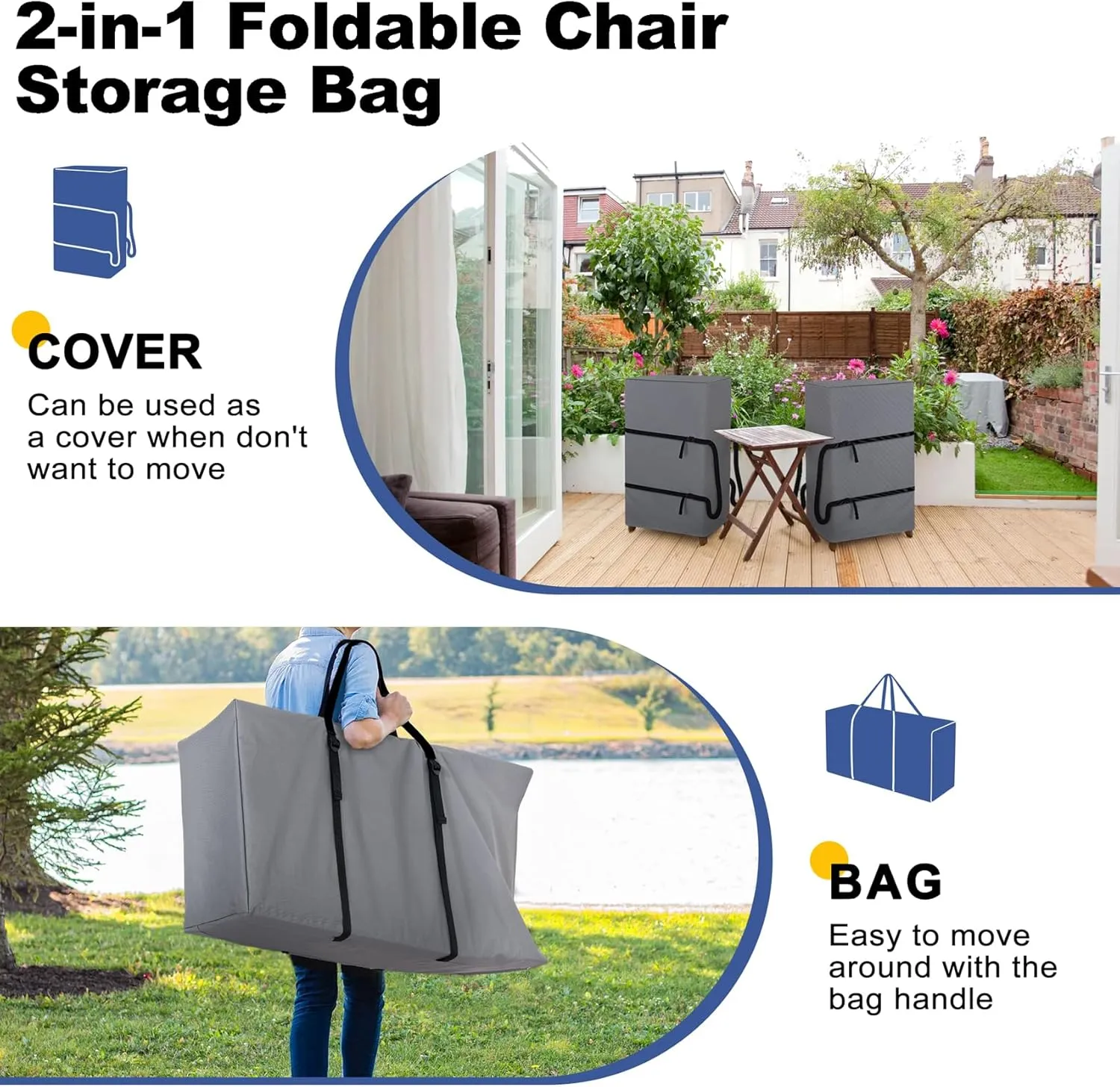 Explore Land 2-in-1 Folding Chair Storage Bag - 900D Furniture Cover for Lounge Zero Gravity Light Weight Transport Folding Rollator Walker(42" L x 9" W x 28" H, Grey)