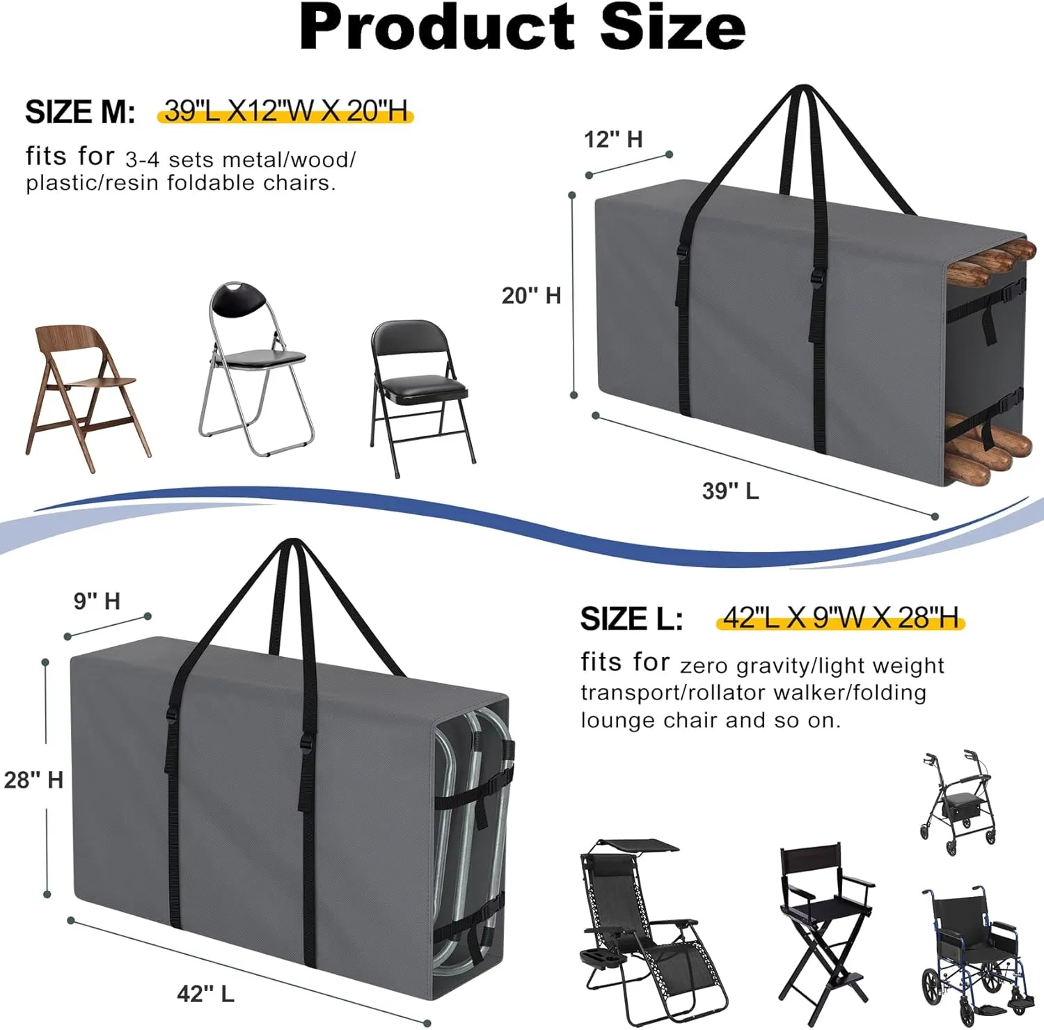 Explore Land 2-in-1 Folding Chair Storage Bag - 900D Furniture Cover for Lounge Zero Gravity Light Weight Transport Folding Rollator Walker(42" L x 9" W x 28" H, Grey)