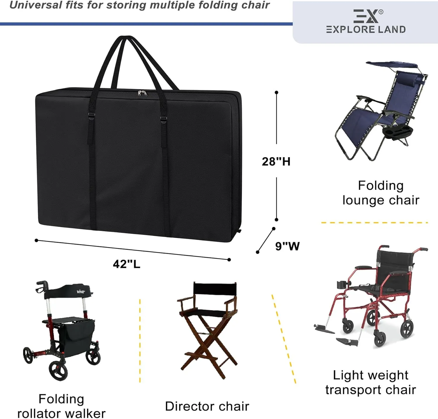 Explore Land Heavy Duty Chair Storage Bag for Folding Longue Zero Gravity Light Weight Transport Folding Rollator Walker (2PACK-Black)