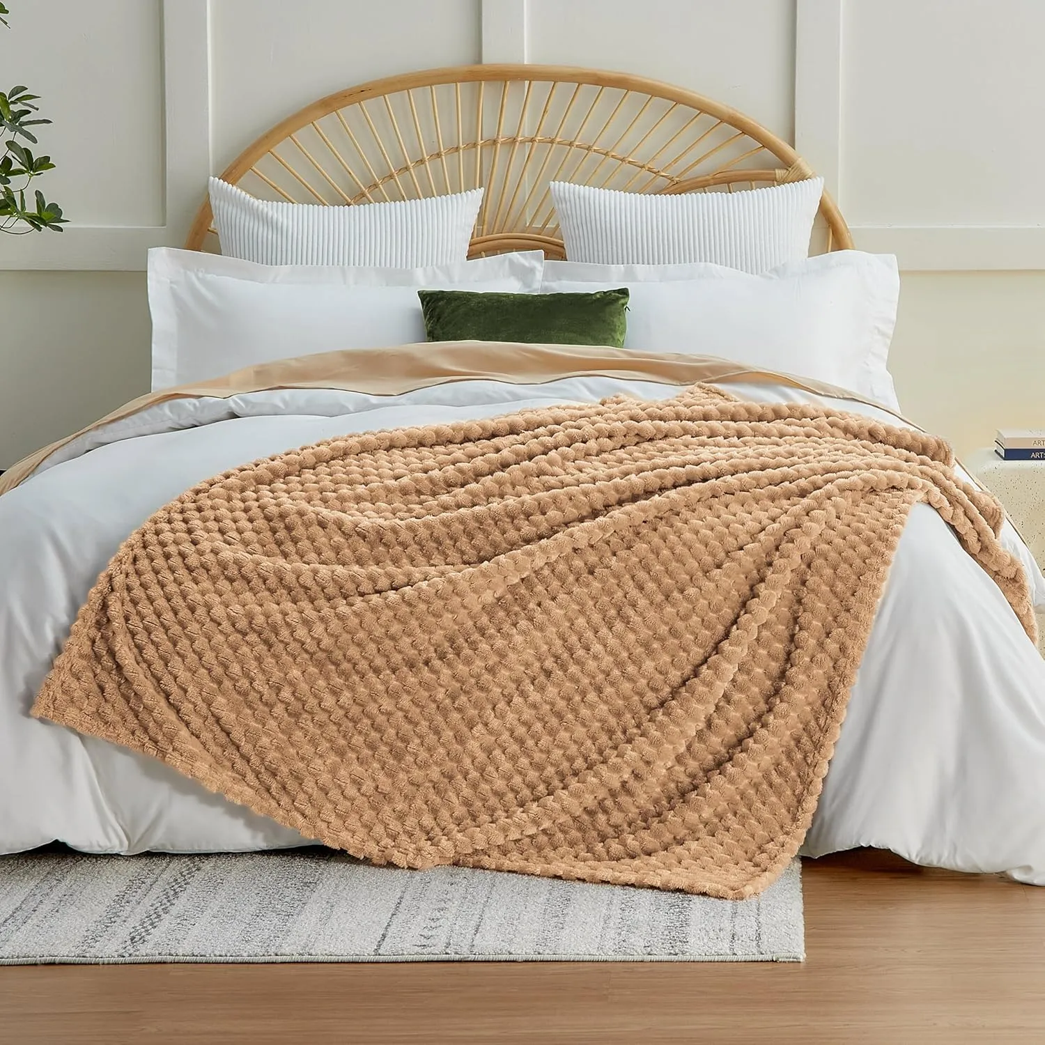 EXQ Home Fleece Throw Blanket for Couch or Bed - 3D Imitation Turtle Shell Jacquard Decorative Blankets - Cozy Soft Lightweight Fuzzy Flannel Blanket Suitable for All Seasons(50"×60",Camel)