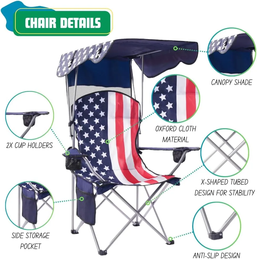 EZONE Folding Canopy Camp Chair for Outdoors Shade Canopy Portable Chair Camping, Tailgates, Beach, Pool, Lawn Chair Sunshade Travel Chair Folding Camping Chair (Flag)