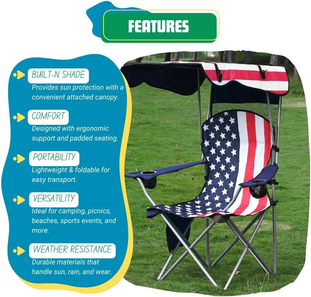 EZONE Folding Canopy Camp Chair for Outdoors Shade Canopy Portable Chair Camping, Tailgates, Beach, Pool, Lawn Chair Sunshade Travel Chair Folding Camping Chair (Flag)
