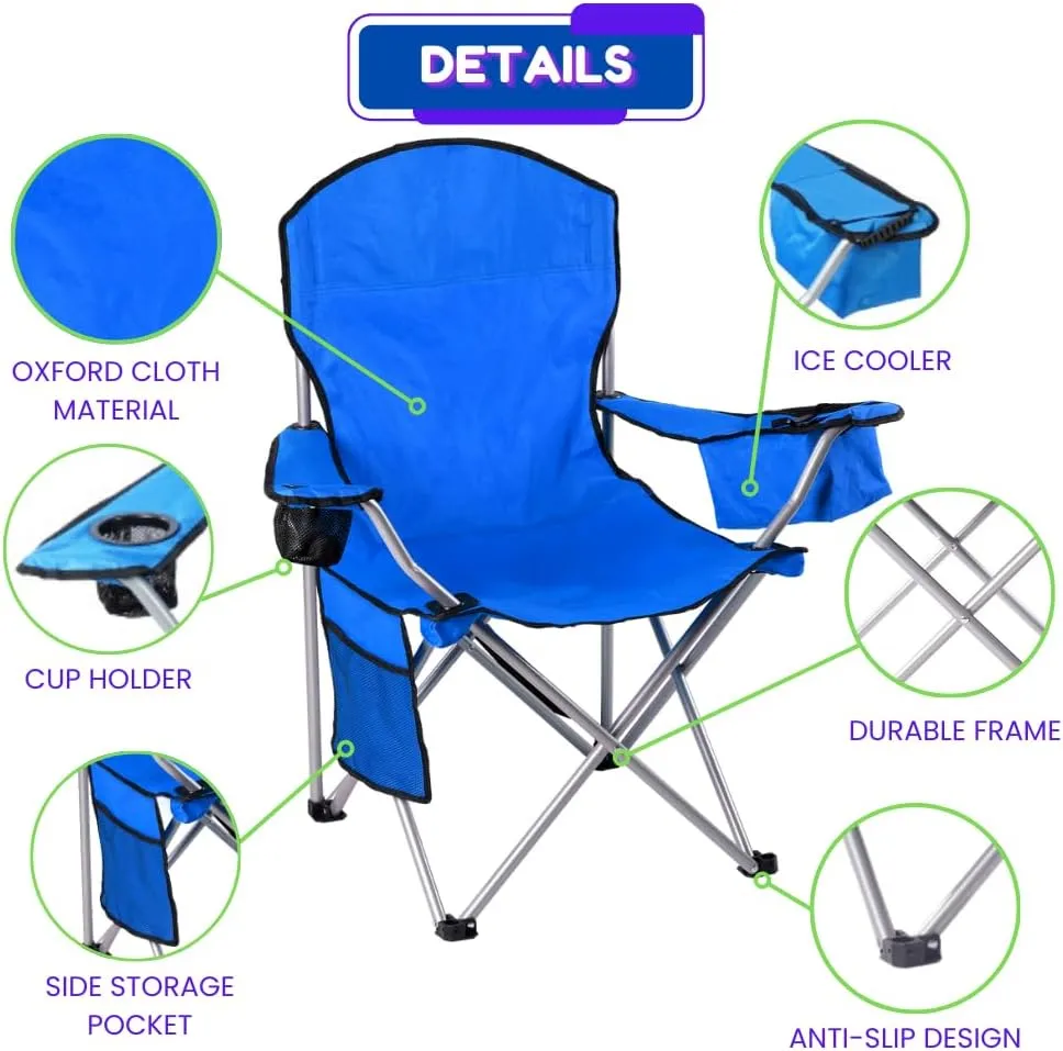 EZONE Set of 2 Camping Chairs with Built-in Ice Cooler, Portable Chair, Storage Pocket, Cup Holder, and Carry Bag Perfect for Camping, Tailgating, Fishing, Beach, and Lawn (2, Blue)