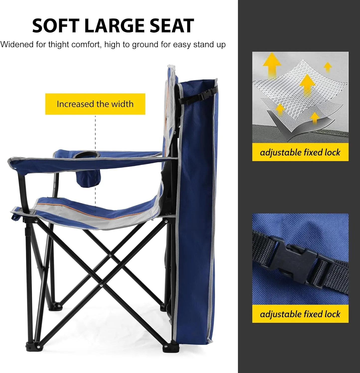 FAIR WIND Oversized Camping Lounge Chair with Adjustable Shade Canopy, Heavy Duty Quad Fold Chair Arm Chair - Support 350 LBS(Blue Grey)