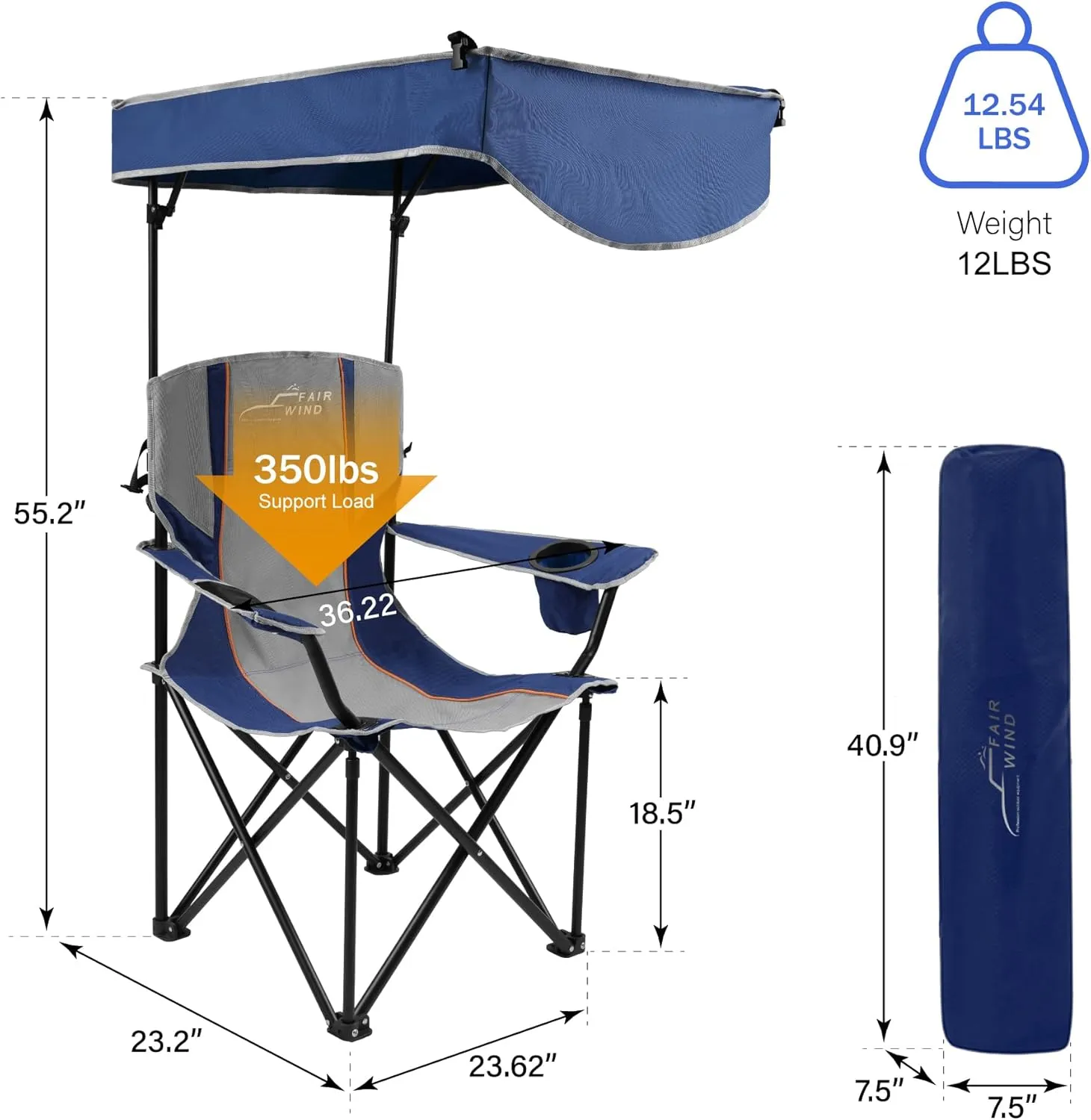 FAIR WIND Oversized Camping Lounge Chair with Adjustable Shade Canopy, Heavy Duty Quad Fold Chair Arm Chair - Support 350 LBS(Blue Grey)