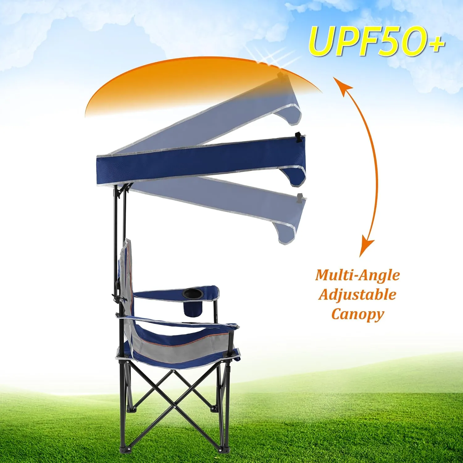 FAIR WIND Oversized Camping Lounge Chair with Adjustable Shade Canopy, Heavy Duty Quad Fold Chair Arm Chair - Support 350 LBS(Blue Grey)