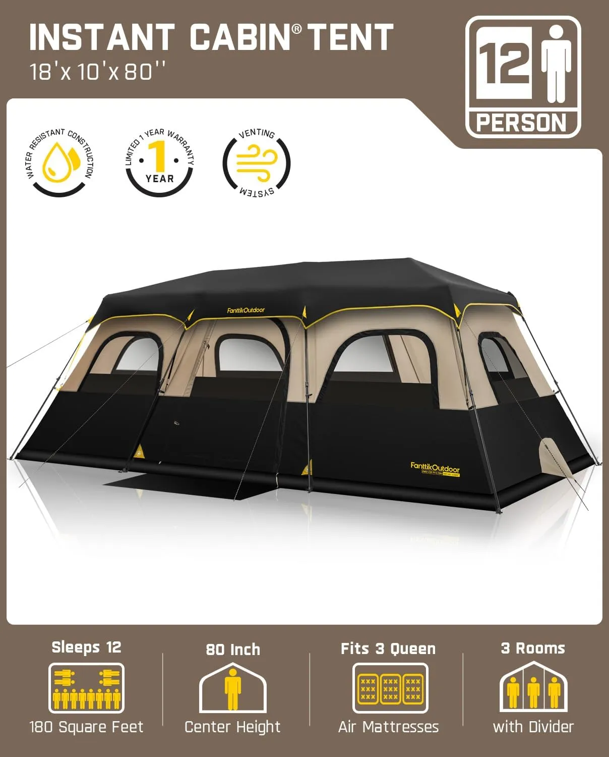 FanttikOutdoor Instant Cabin Tent 6/8/10/12 Person Camping Tent Setup in 60 Seconds with Rainfly & Windproof Portable with Carry Bag for Family Camping & Hiking, Upgraded Ventilation, Khaki